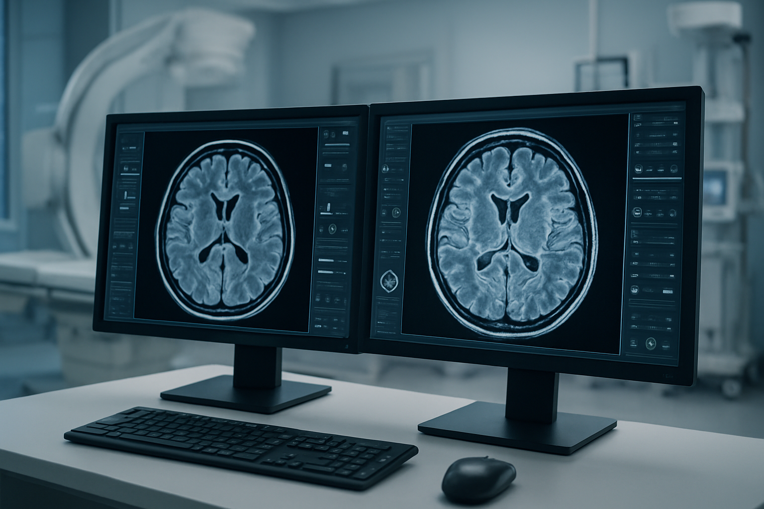 Create a realistic image of a modern medical workstation displaying multiple high-resolution MRI brain scans on dual monitors, showing before and after image enhancement comparisons with one scan appearing clearer and more detailed than the other, featuring advanced imaging software interfaces with adjustment controls and enhancement tools visible on screen, set in a clean radiology department with professional medical equipment in the background, soft clinical lighting illuminating the workspace, absolutely NO text should be in the scene.