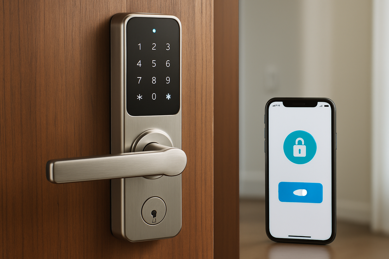 Create a realistic image of a modern WiFi-enabled smart door lock mounted on a wooden door frame, showcasing multiple key features with subtle visual indicators like a small LED status light, sleek keypad with numbered buttons, and a smartphone nearby displaying a lock control app interface, set against a clean residential doorway background with soft natural lighting highlighting the lock's premium metallic finish and contemporary design, captured from a three-quarter angle to show both the lock mechanism and door handle clearly, absolutely NO text should be in the scene.