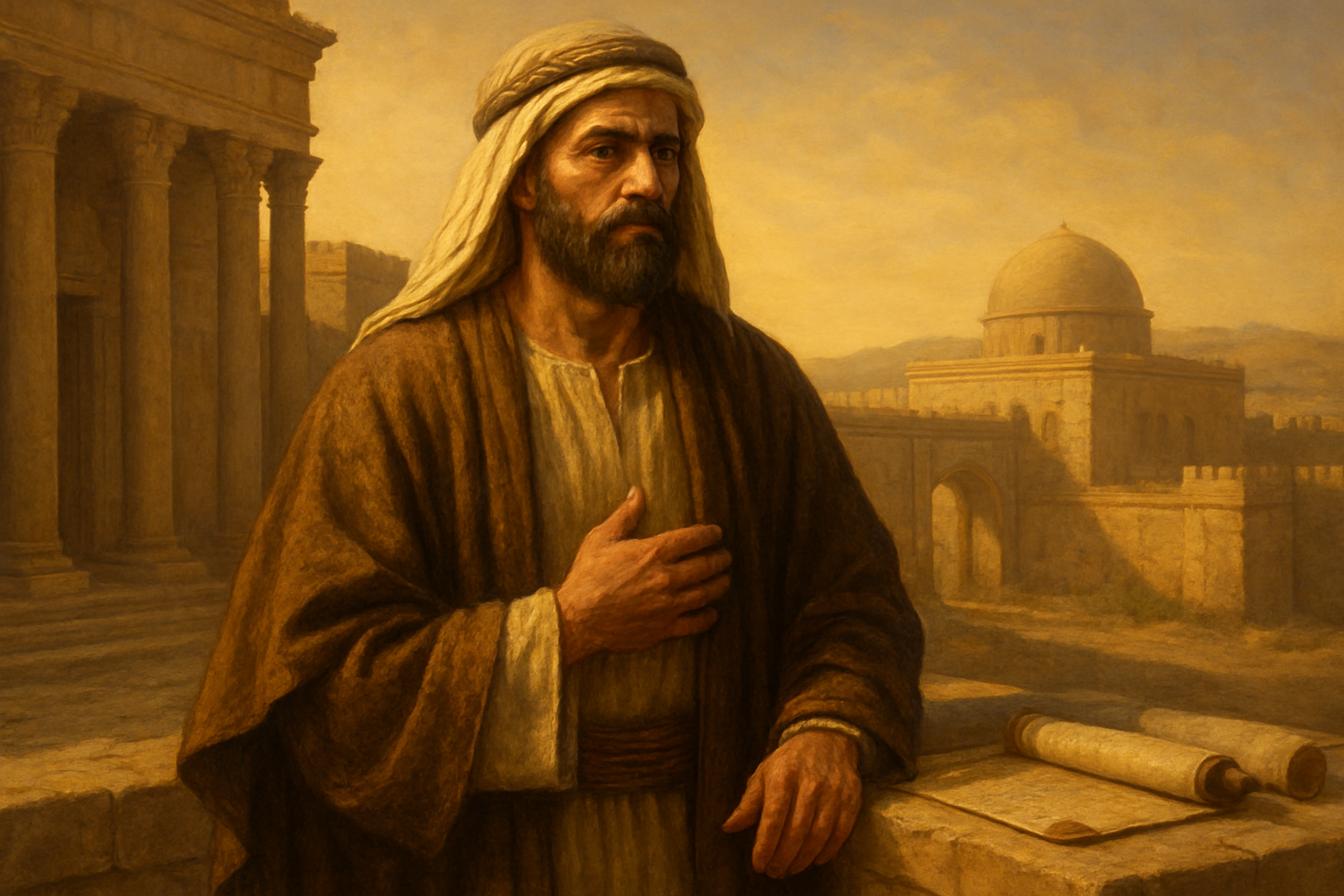 Create a realistic image of a Middle Eastern male figure in ancient biblical clothing, wearing traditional robes and a head covering, standing in a dignified pose with ancient Jerusalem or Persian palace architecture in the background, warm golden lighting suggesting historical significance, scrolls or ancient documents nearby, conveying wisdom and authority through his posture and expression, desert landscape visible in the distance, absolutely NO text should be in the scene.