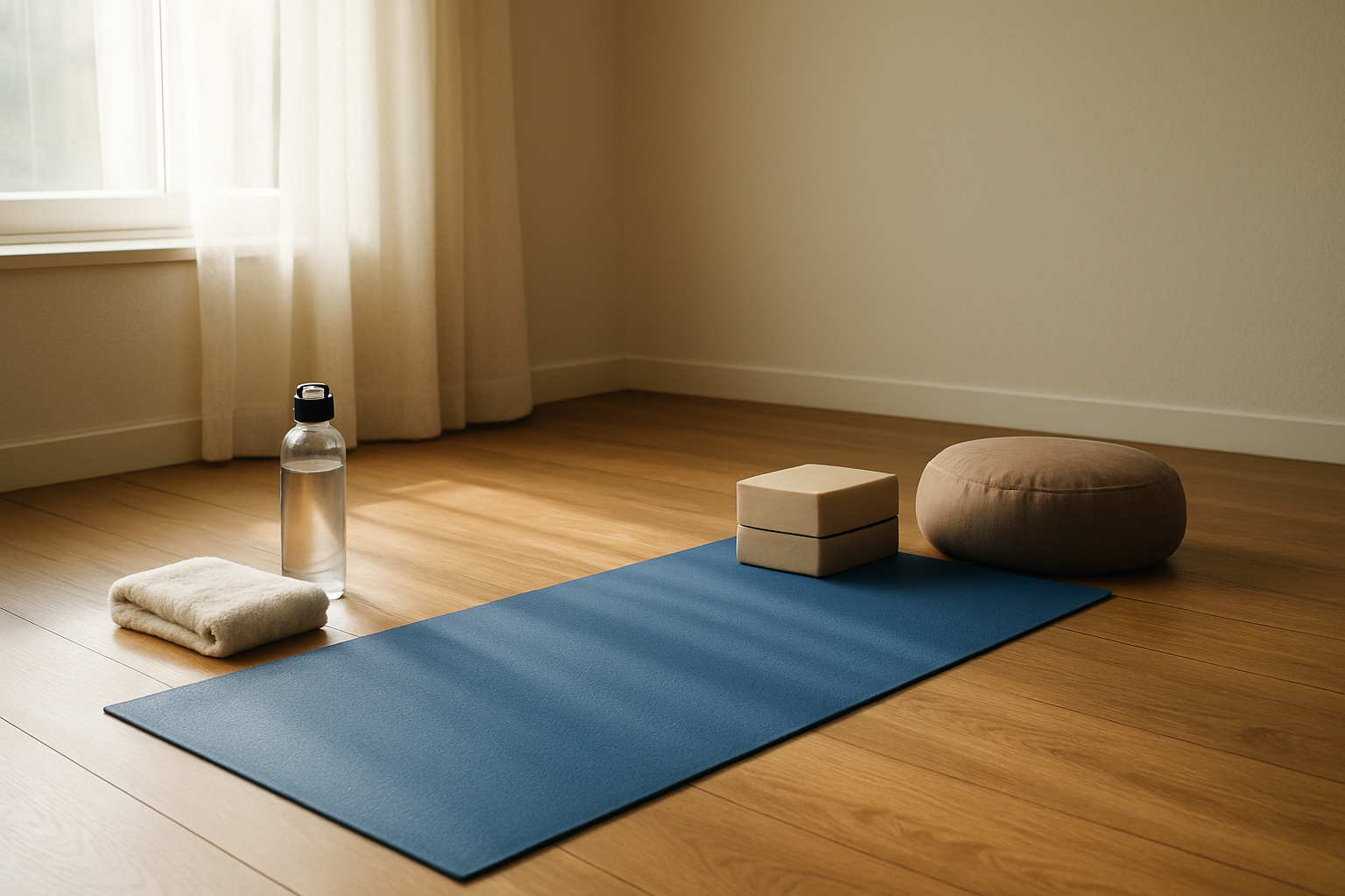 Create a realistic image of a serene indoor yoga space with a purple or blue yoga mat unrolled on a wooden floor, surrounded by essential yoga preparation items including a water bottle, folded towel, yoga blocks, and a meditation cushion, with soft natural morning light streaming through a nearby window, creating a peaceful and organized atmosphere ready for practice, absolutely NO text should be in the scene.