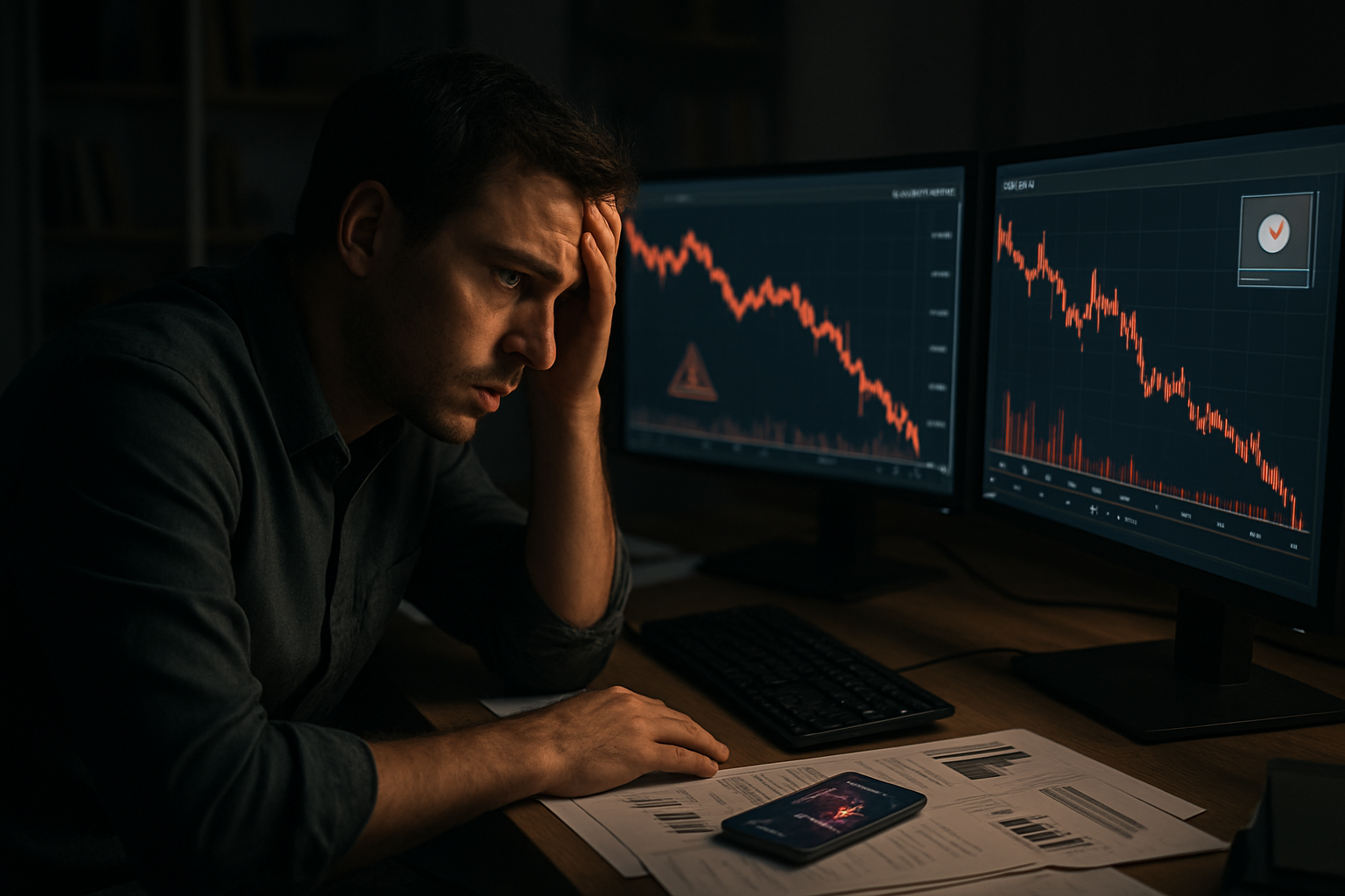 Create a realistic image of a concerned white male beginner trader sitting at a desk looking worried while staring at multiple computer monitors displaying red declining stock charts and trading graphs, with warning symbols and error notifications visible on screens, dark moody lighting creating shadows across his face, cluttered desk with financial documents and a smartphone showing market losses, background showing a dimly lit home office environment with bookshelves, the overall atmosphere conveying anxiety and financial stress, absolutely NO text should be in the scene.