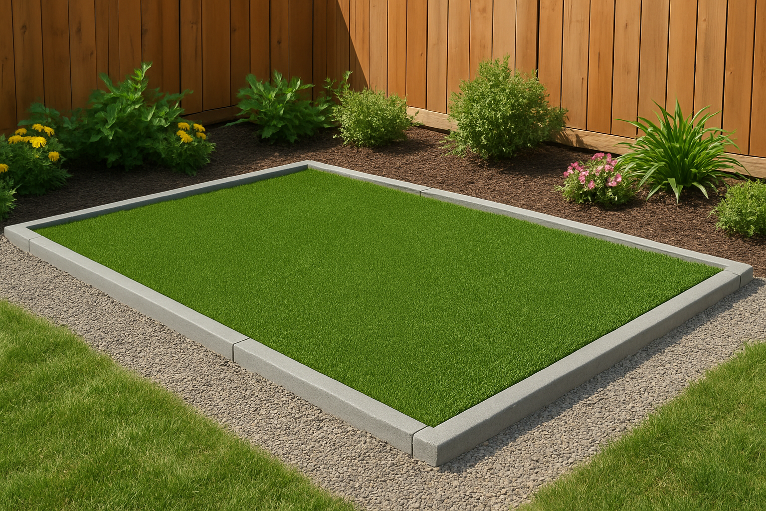 Create a realistic image of a well-maintained backyard artificial grass dog potty area showing a rectangular section of synthetic green turf with realistic grass texture, installed on a concrete or gravel base with proper drainage borders, surrounded by natural landscaping elements like garden beds with plants and flowers, a wooden fence in the background, bright natural daylight creating soft shadows, clean and organized outdoor space that demonstrates a designated pet relief area, absolutely NO text should be in the scene.