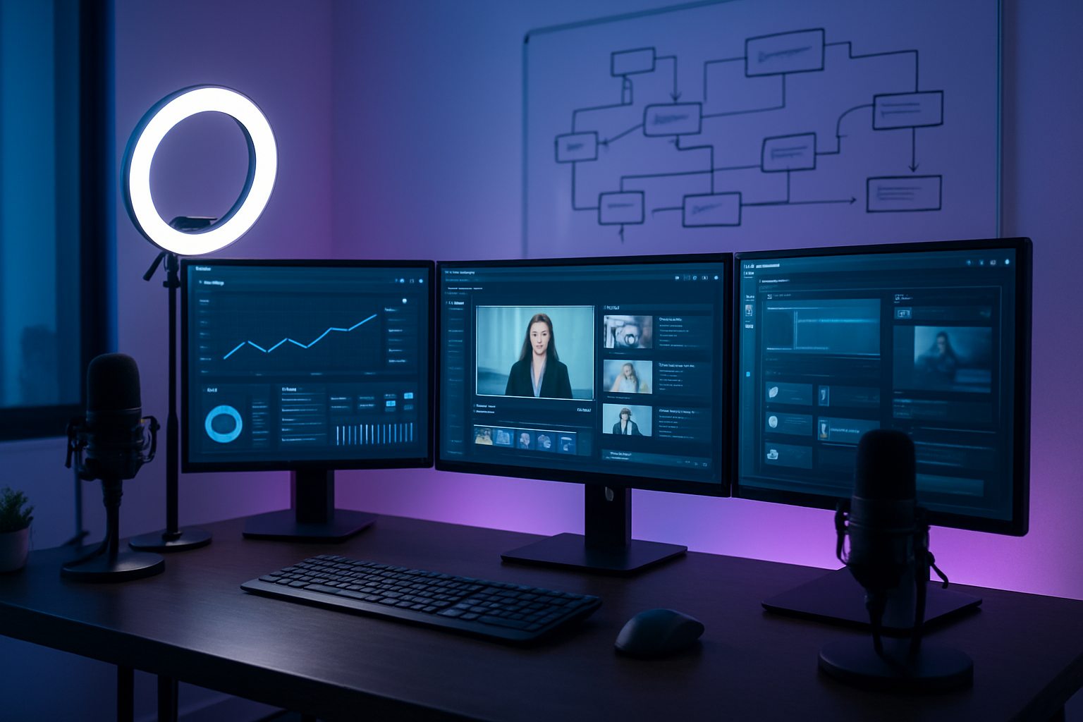 Create a realistic image of a sophisticated digital workspace featuring multiple computer monitors displaying analytics dashboards with growth charts, video thumbnails, and social media platform interfaces, surrounded by modern tech equipment like microphones and ring lights, with interconnected arrows and flowcharts visible on a large whiteboard in the background showing content repurposing workflows, set in a sleek modern office environment with soft blue and purple ambient lighting creating a professional tech atmosphere, absolutely NO text should be in the scene.