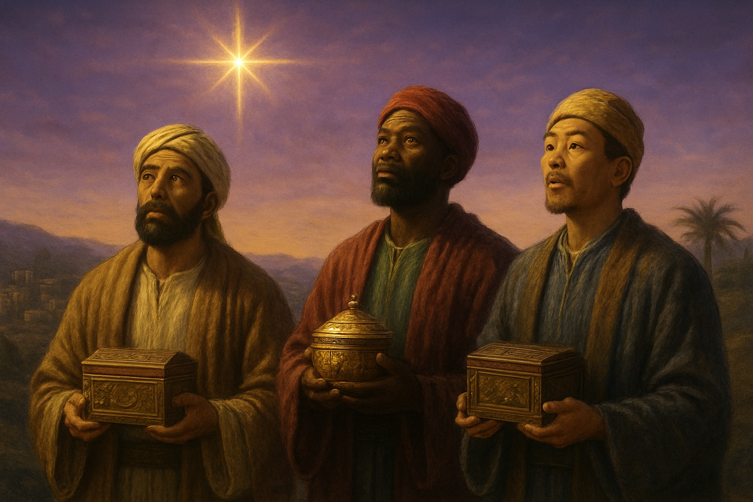 Create a realistic image of three wise men from different ethnic backgrounds (one Middle Eastern male, one African male, one Asian male) in traditional biblical robes standing together on a hillside overlooking the ancient town of Bethlehem at dawn, holding ornate boxes containing gold, frankincense and myrrh, with the bright Star of Bethlehem shining prominently in the purple and golden sky above, creating a sense of reverence and spiritual significance, with ancient stone buildings and palm trees in the background, warm golden lighting illuminating their faces showing expressions of wonder and devotion, absolutely NO text should be in the scene.