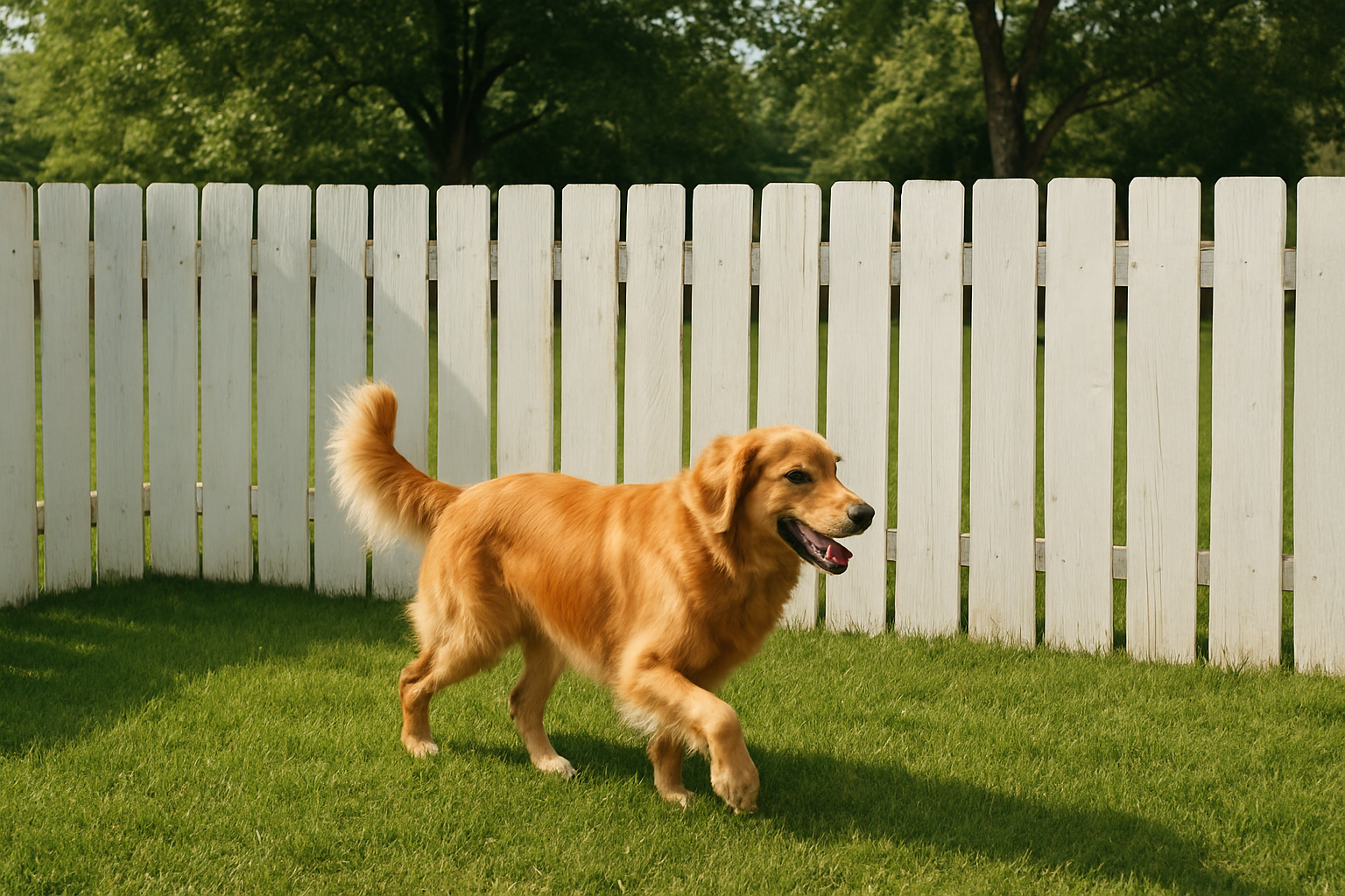 Create a realistic image of a DIY wooden panel fence in a backyard setting with vertical wooden slats painted white, approximately 4 feet high, enclosing a grassy area where a medium-sized golden retriever dog is playing, with the fence showing some imperfections typical of homemade construction, surrounded by green lawn and a few trees in the background, captured in natural daylight with soft shadows. Absolutely NO text should be in the scene.
