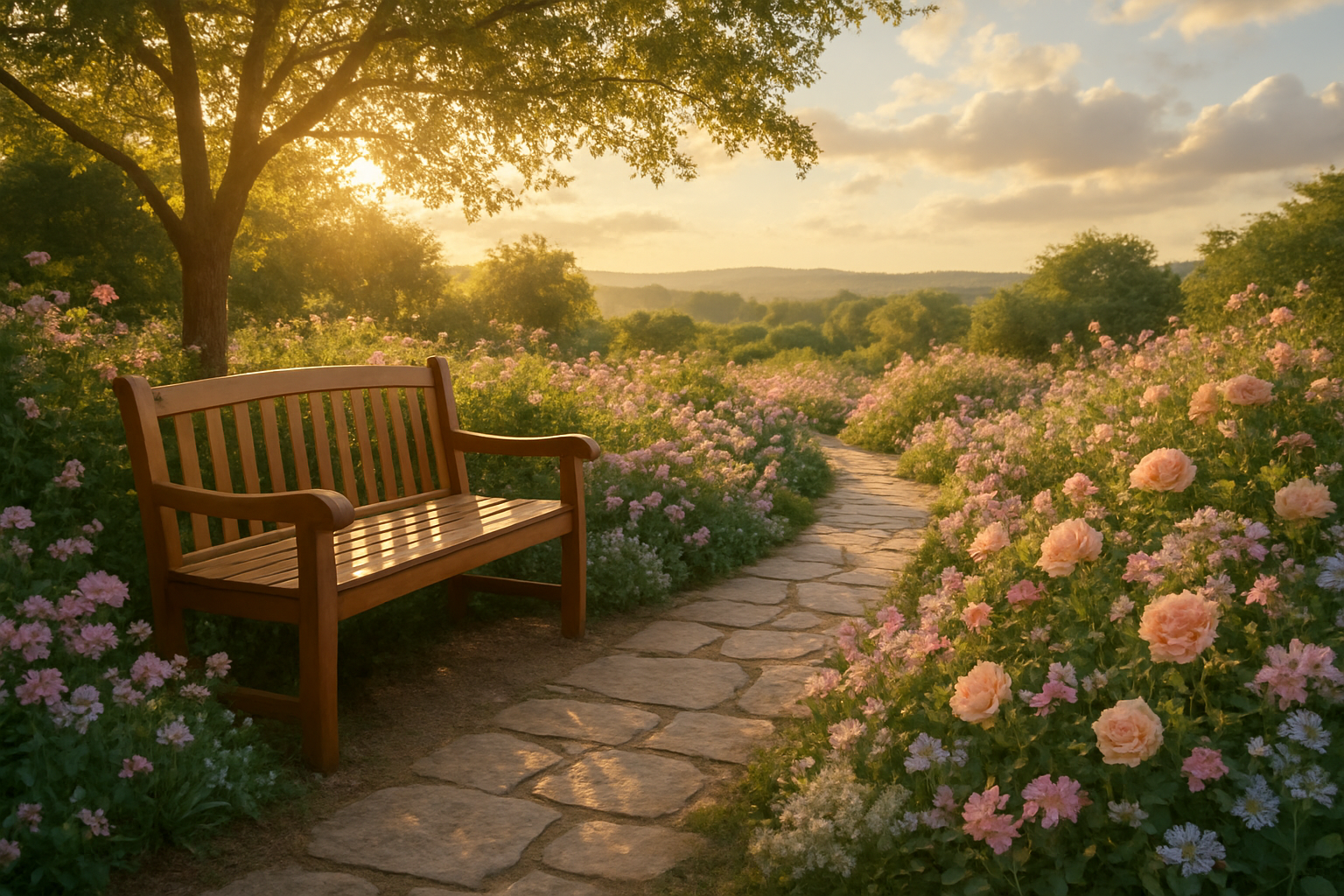 Create a realistic image of a peaceful garden scene with a wooden bench positioned beside a winding stone pathway, surrounded by blooming flowers in soft pastel colors, with golden hour sunlight filtering through tree branches creating gentle shadows on the ground, conveying a sense of tranquility and divine timing, with a distant view of rolling hills under a partly cloudy sky that suggests hope and patience, absolutely NO text should be in the scene.