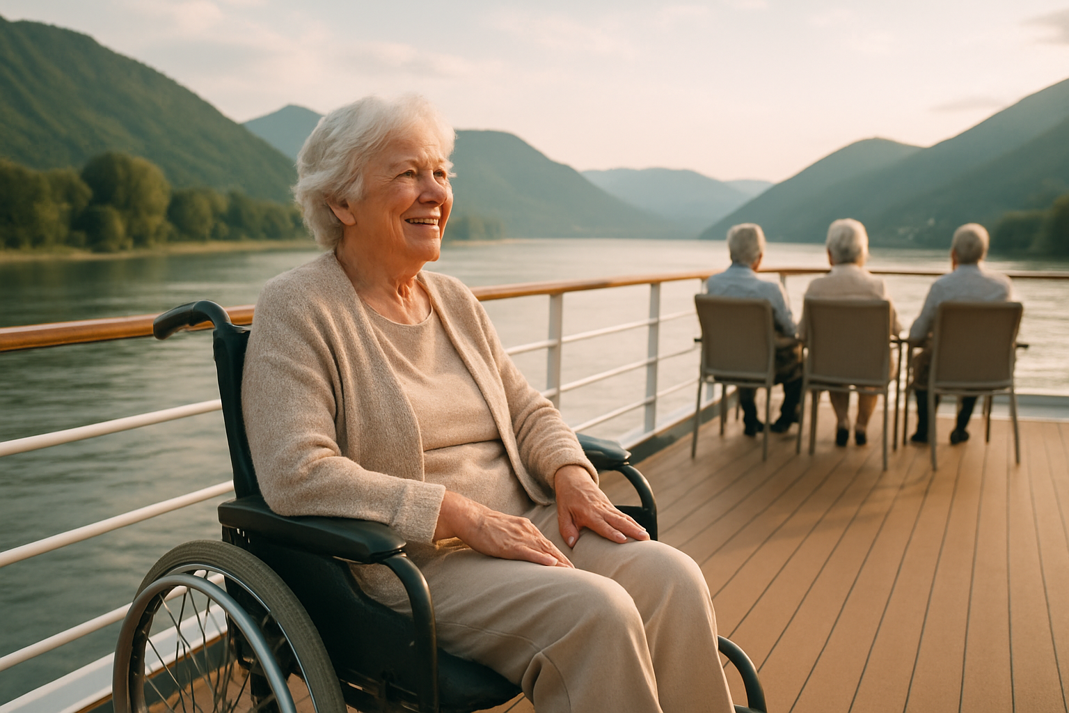 Create a realistic image of an elderly white female sitting comfortably in a wheelchair on the deck of a scenic river cruise ship, smiling while looking out at a beautiful mountainous landscape, with gentle sunlight creating a warm and peaceful atmosphere, cruise ship railings and comfortable seating visible, other elderly passengers in the background enjoying the view, calm water and distant mountains creating a serene travel setting that accommodates physical limitations, soft natural lighting suggesting late afternoon, absolutely NO text should be in the scene.