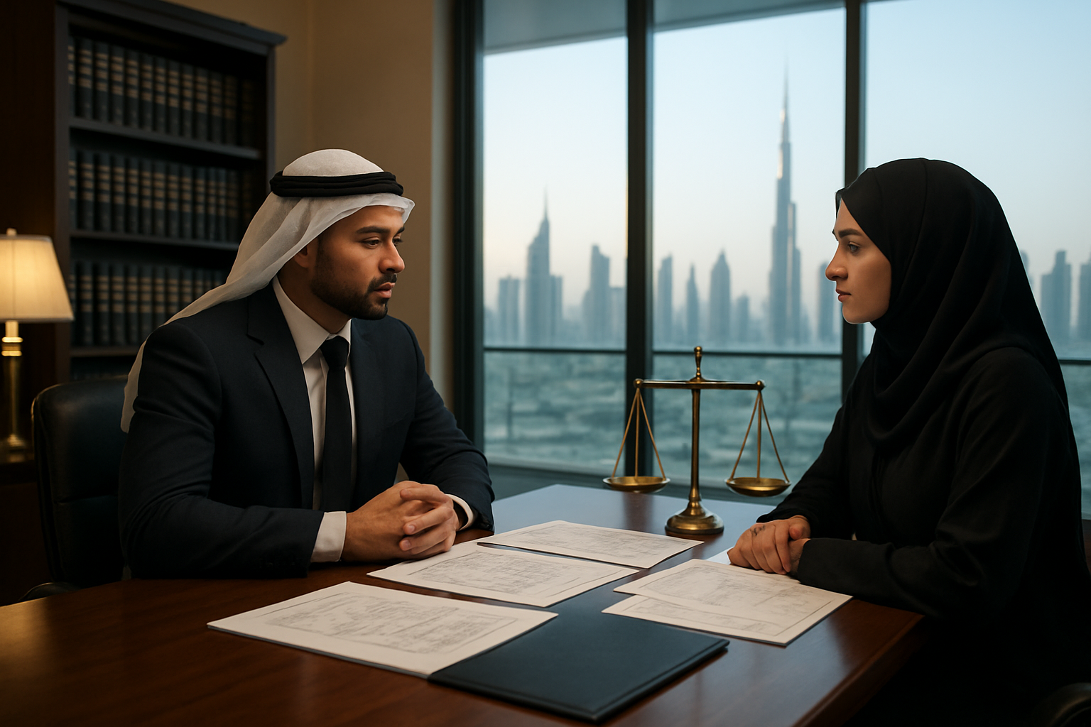 Create a realistic image of a modern UAE office setting with a Middle Eastern male lawyer in a dark business suit sitting across from an Arab female client at a polished wooden desk, with UAE legal documents and property blueprints spread between them, scales of justice prominently displayed on the desk, Dubai skyline visible through large windows in the background, professional lighting creating a serious consultation atmosphere, bookshelf filled with legal volumes along the wall, absolutely NO text should be in the scene.