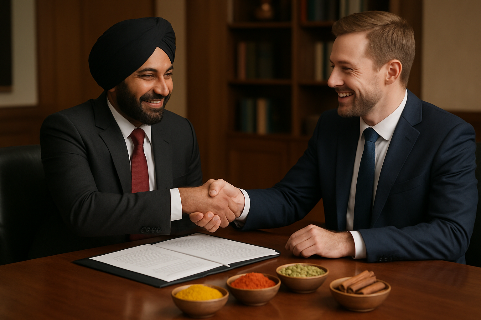 Create a realistic image of an Indian male spice exporter in traditional business attire and a white male international buyer in a modern suit sitting across from each other at a polished wooden conference table, shaking hands over open contract documents and folders, with small bowls of colorful spices (turmeric, red chili powder, cardamom, cinnamon sticks) arranged on the table as samples, set in a professional office environment with warm lighting and bookshelves in the background, conveying a successful business partnership atmosphere, absolutely NO text should be in the scene.