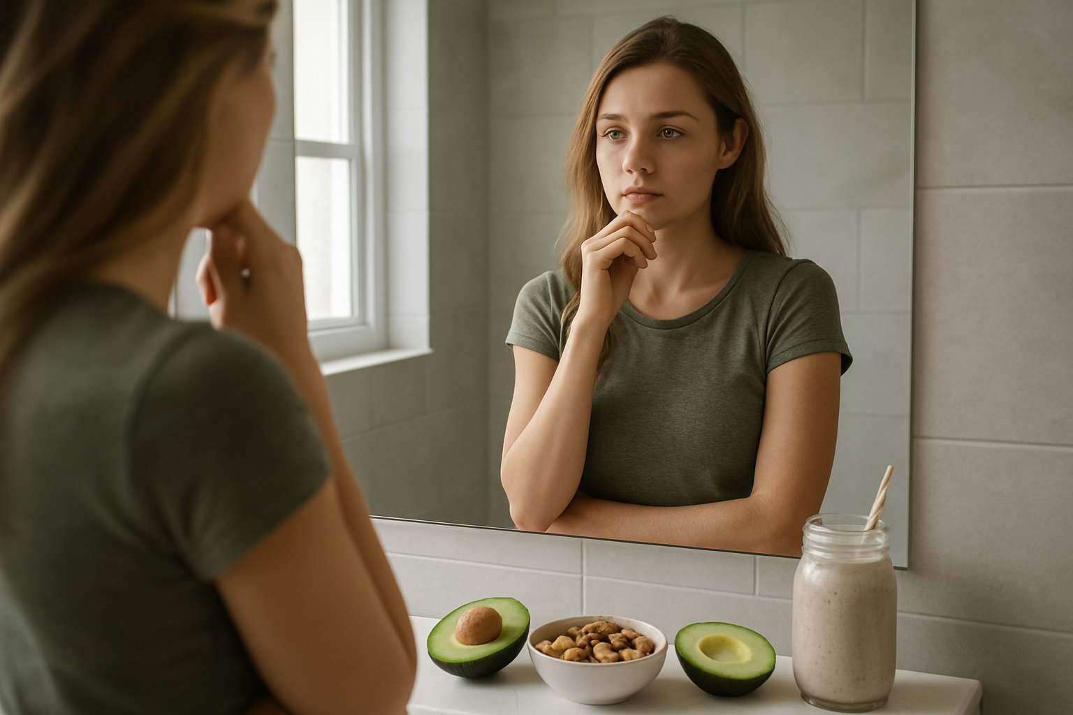 Create a realistic image of a young white female standing in front of a bathroom mirror, looking at her reflection with a thoughtful expression, wearing casual clothing that shows her slim build, with a modern bathroom background featuring soft natural lighting from a window, including healthy foods like avocados, nuts, and a protein smoothie visible on the counter nearby, conveying a positive and health-focused atmosphere about understanding body needs for healthy weight gain, absolutely NO text should be in the scene.