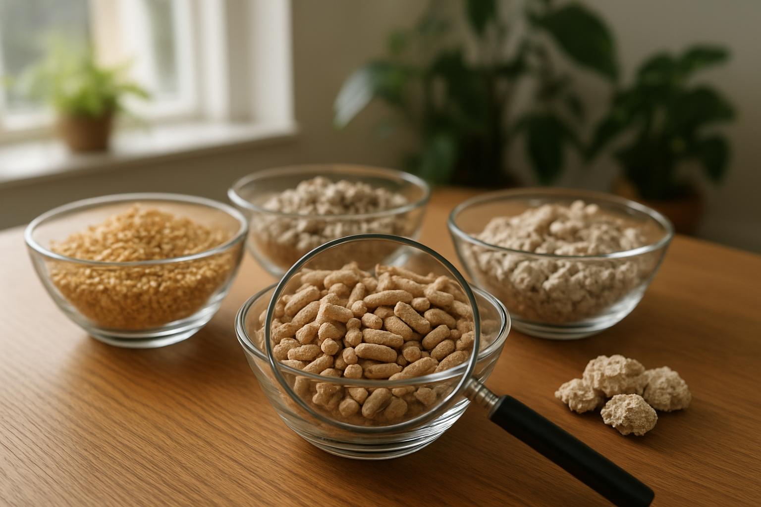 Create a realistic image of various eco-friendly cat litter products displayed on a wooden table for comparison, showing different textures and materials including wood pellets, corn-based granules, recycled paper pieces, and natural clay clumps arranged in separate clear glass bowls, with a magnifying glass positioned over one bowl to suggest careful evaluation, soft natural lighting from a nearby window, clean modern indoor setting with plants in the background, warm and informative atmosphere, absolutely NO text should be in the scene.