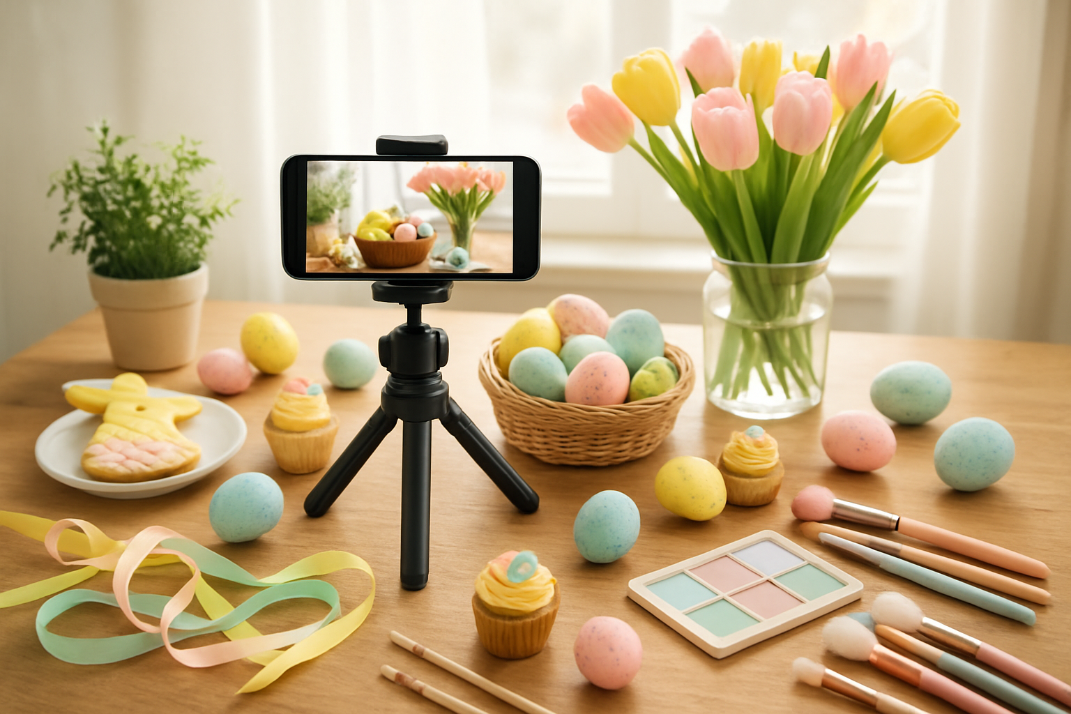 Create a realistic image of a bright, cheerful Easter scene featuring a wooden table with various YouTube content creation elements including a smartphone on a tripod recording, Easter-themed props like colorful painted eggs, fresh spring flowers in pastel colors, Easter cookies and cupcakes, craft supplies like ribbons and paint brushes, a small potted plant, and makeup brushes with pastel eyeshadow palettes, all arranged in an aesthetically pleasing flat lay style with soft natural lighting from a window, creating a warm and inviting atmosphere that suggests content creation and Easter celebration, absolutely NO text should be in the scene.