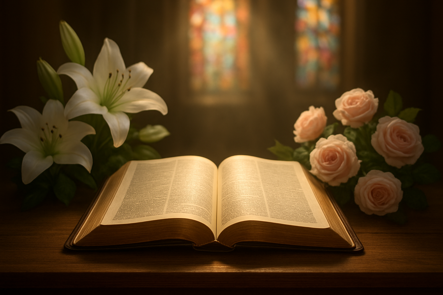 Create a realistic image of an open Bible with golden pages gently illuminated by warm, soft natural light streaming from above, surrounded by delicate white lilies and soft pink roses arranged on a wooden table, with a subtle background of stained glass church windows casting colorful light patterns, creating a peaceful and reverent atmosphere that emphasizes the sacred nature of biblical teachings about women's value and divine purpose, absolutely NO text should be in the scene.