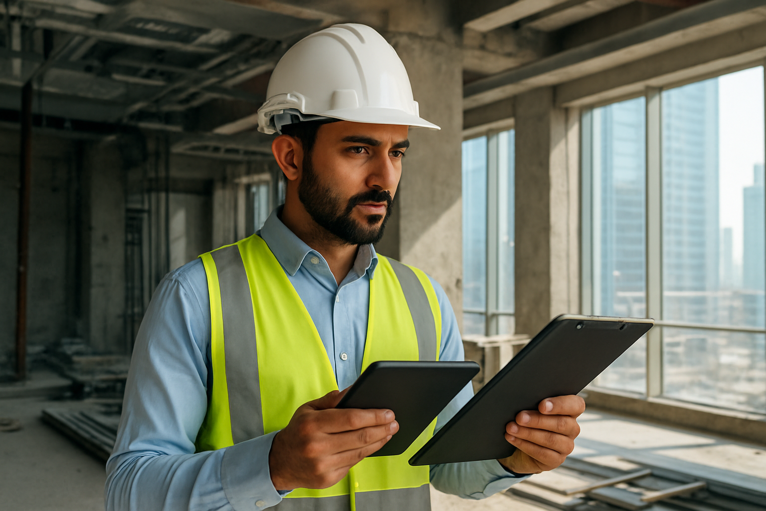 Create a realistic image of a Middle Eastern male professional inspector in his 30s wearing a white hard hat and safety vest, holding a digital tablet and clipboard while examining the interior of a modern Dubai high-rise construction site, with exposed concrete walls, steel beams, and construction materials visible in the background, bright natural lighting streaming through large windows, showing a systematic inspection process in progress, Absolutely NO text should be in the scene.