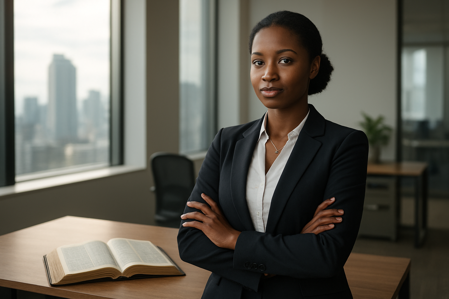 Create a realistic image of a professional black female in business attire standing confidently in a modern office environment, with a subtle cross necklace visible, surrounded by symbolic elements representing spiritual foundation such as an open Bible on a nearby desk, soft natural lighting streaming through large windows creating a peaceful atmosphere, with modern office furniture and a city skyline visible in the background, conveying a sense of purpose and spiritual grounding in a corporate setting, absolutely NO text should be in the scene.