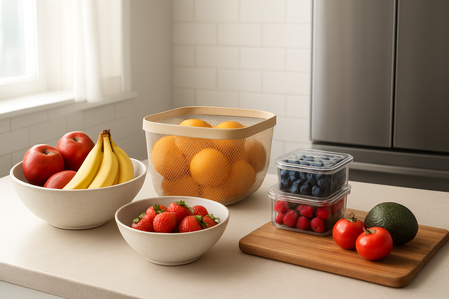 Create a realistic image of a well-organized kitchen counter displaying an assortment of fresh fruits arranged in optimal storage conditions, including apples and bananas in separate breathable bowls, citrus fruits in a mesh basket, berries in ventilated containers, and some fruits like avocados and tomatoes placed on a wooden cutting board, with a modern refrigerator partially visible in the background, soft natural lighting from a nearby window creating a clean and fresh atmosphere, showcasing the perfect conclusion to proper fruit storage techniques, absolutely NO text should be in the scene.