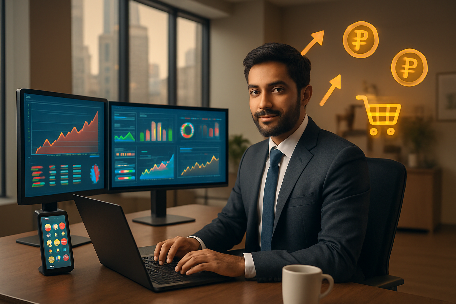 Create a realistic image of a modern Pakistani business office setting with a South Asian male marketing professional in business attire sitting at a sleek desk with multiple computer monitors displaying colorful social media analytics dashboards and growth charts, surrounded by elements representing digital success including a smartphone showing social media notifications, upward trending arrow graphics floating in the air, Pakistani rupee currency symbols, and shopping cart icons, with a contemporary office background featuring large windows showing a bustling Pakistani cityscape, warm professional lighting creating an atmosphere of achievement and growth, and absolutely NO text should be in the scene.