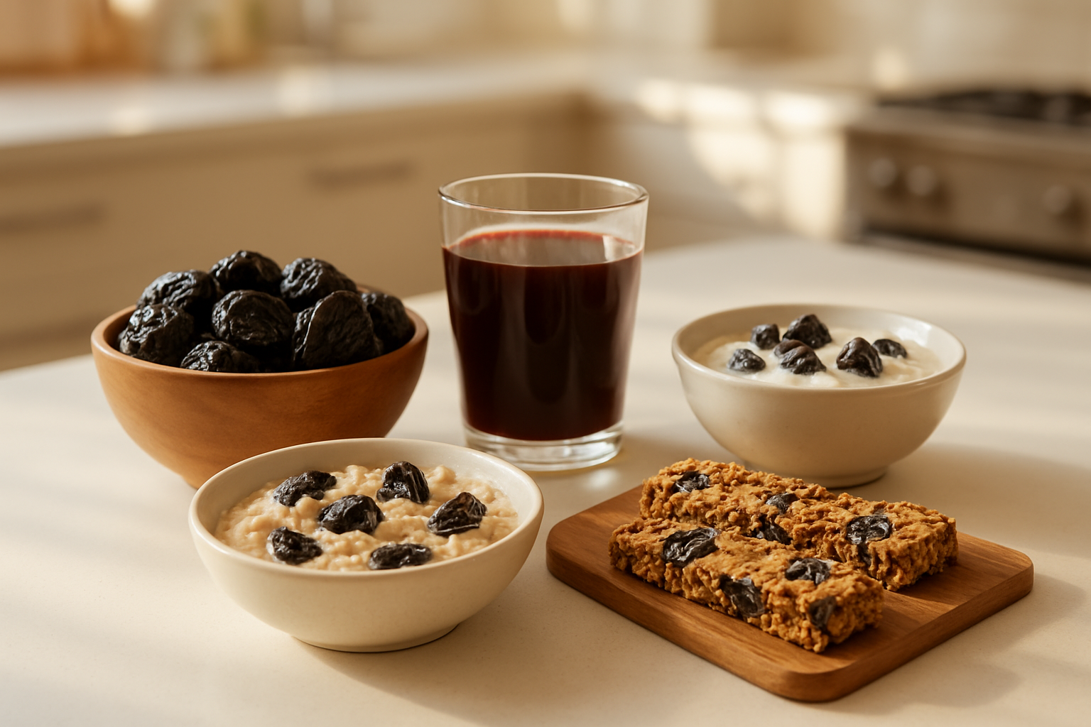 Create a realistic image of various ways to consume prunes arranged on a clean white kitchen countertop, showing fresh prunes in a wooden bowl, prune juice in a clear glass, prunes mixed into yogurt in a small bowl, prunes added to oatmeal in a breakfast bowl, and prunes incorporated into homemade granola bars on a cutting board, with natural morning sunlight streaming through a nearby window creating soft shadows, warm and inviting kitchen atmosphere with blurred kitchen appliances in the background, absolutely NO text should be in the scene.