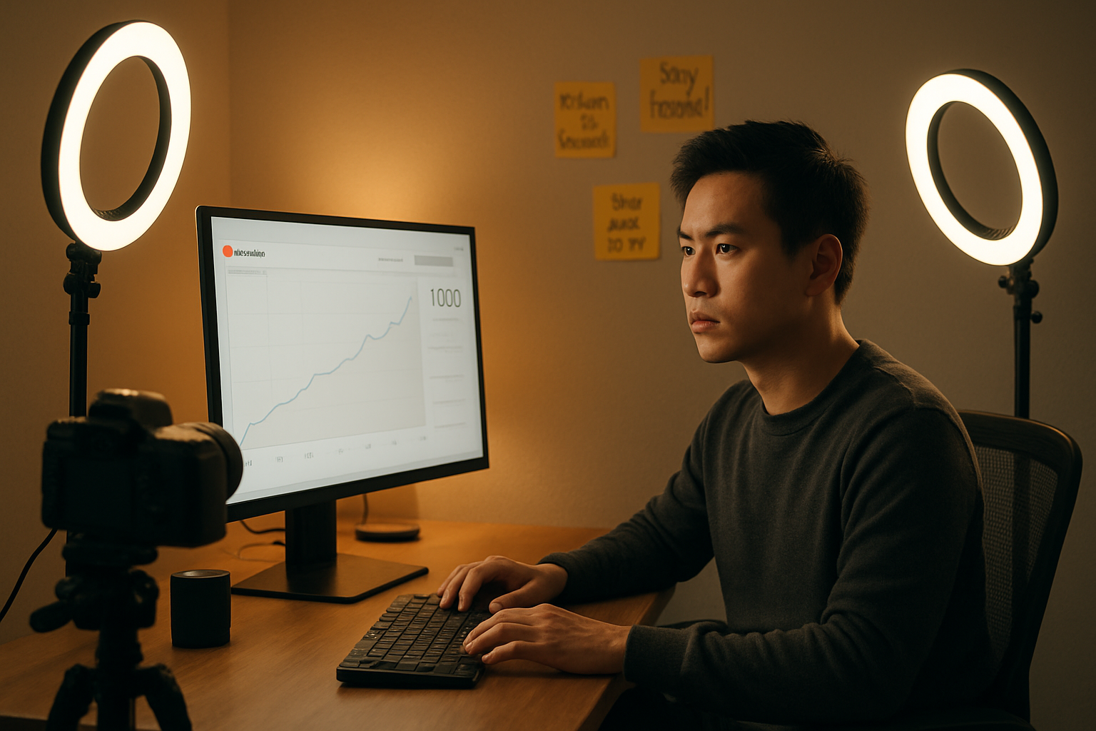 Create a realistic image of a young Asian male content creator sitting at a modern desk setup with professional lighting equipment, looking determined while facing a computer screen showing YouTube analytics dashboard with a subscriber count climbing from zero towards 1000, surrounded by camera equipment, ring lights, and motivational sticky notes on the wall, in a cozy home studio environment with warm lighting that conveys hope and ambition, absolutely NO text should be in the scene.