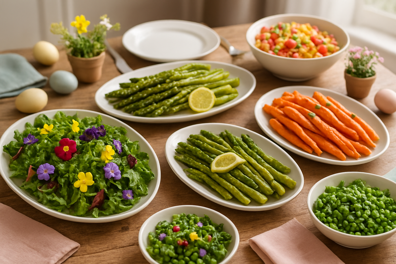Create a realistic image of a beautiful Easter table spread featuring an abundance of fresh spring side dishes and colorful salads, including a vibrant mixed green salad with edible flowers, roasted asparagus with lemon, glazed baby carrots, fresh pea and mint salad, and other seasonal vegetables artfully arranged on elegant white serving platters and bowls, set on a rustic wooden dining table with soft natural lighting streaming through a nearby window, decorated with subtle Easter elements like pastel colored napkins and small potted spring flowers, creating a warm and inviting festive atmosphere perfect for an Easter celebration, absolutely NO text should be in the scene.