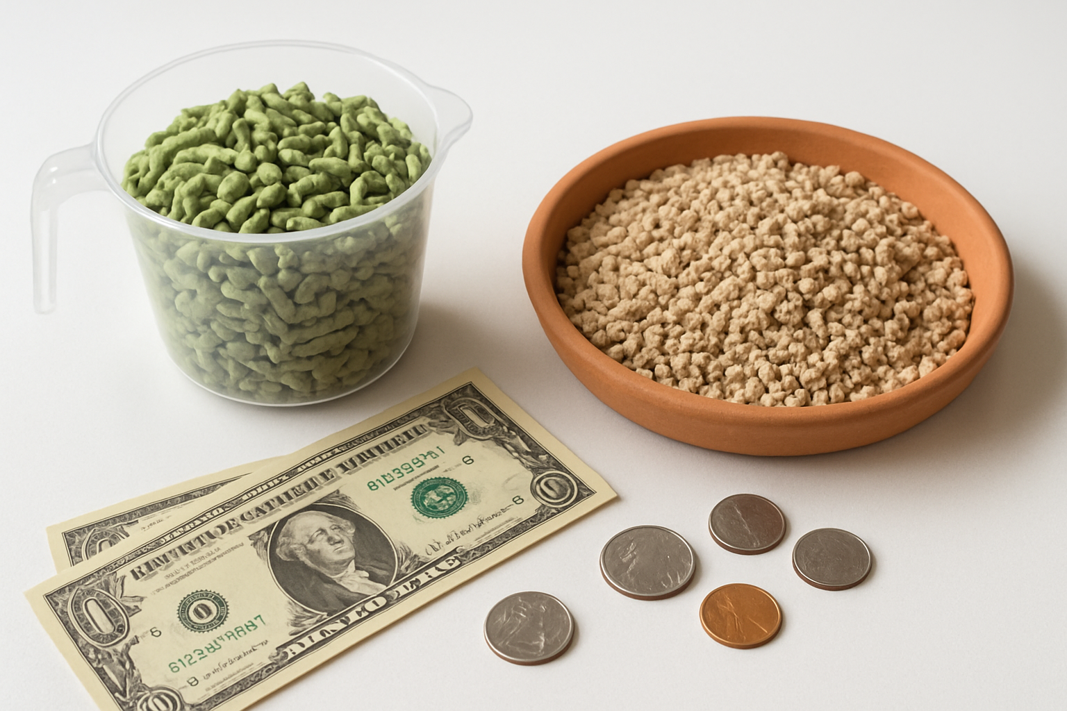 Create a realistic image of green eco-friendly cat litter pellets in a clear measuring cup next to a traditional clay litter for comparison, with scattered coins and dollar bills around them on a clean white surface, showing the cost-effective nature of the green litter with better absorption capacity, soft natural lighting from above creating gentle shadows, clean and organized composition emphasizing efficiency and savings, absolutely NO text should be in the scene.