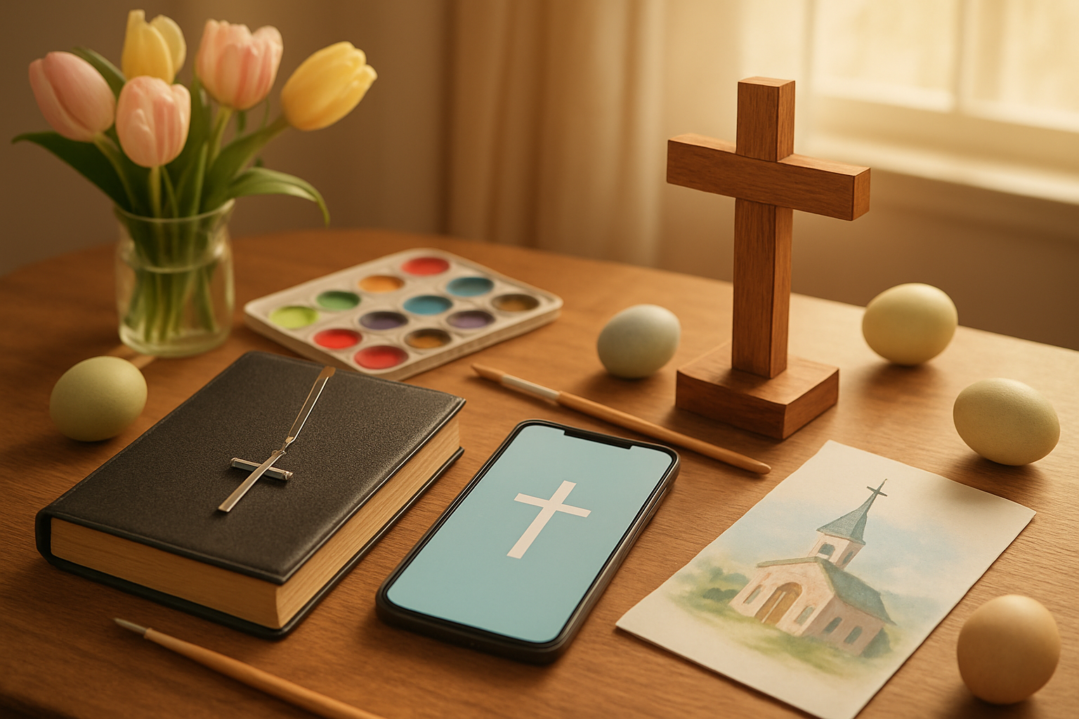 Create a realistic image of a beautifully arranged Easter gift collection on a wooden table featuring Christian-themed items for teenagers including a cross pendant necklace, a leather-bound devotional book, a decorative wooden cross for room display, a smartphone with Christian app visible on screen, colorful art supplies and paintbrushes, and a church retreat brochure, all surrounded by soft pastel Easter decorations like tulips and subtle Easter eggs, with warm natural lighting streaming through a window creating a peaceful and inspiring atmosphere, shot from a slightly elevated angle to showcase all items clearly, Absolutely NO text should be in the scene.