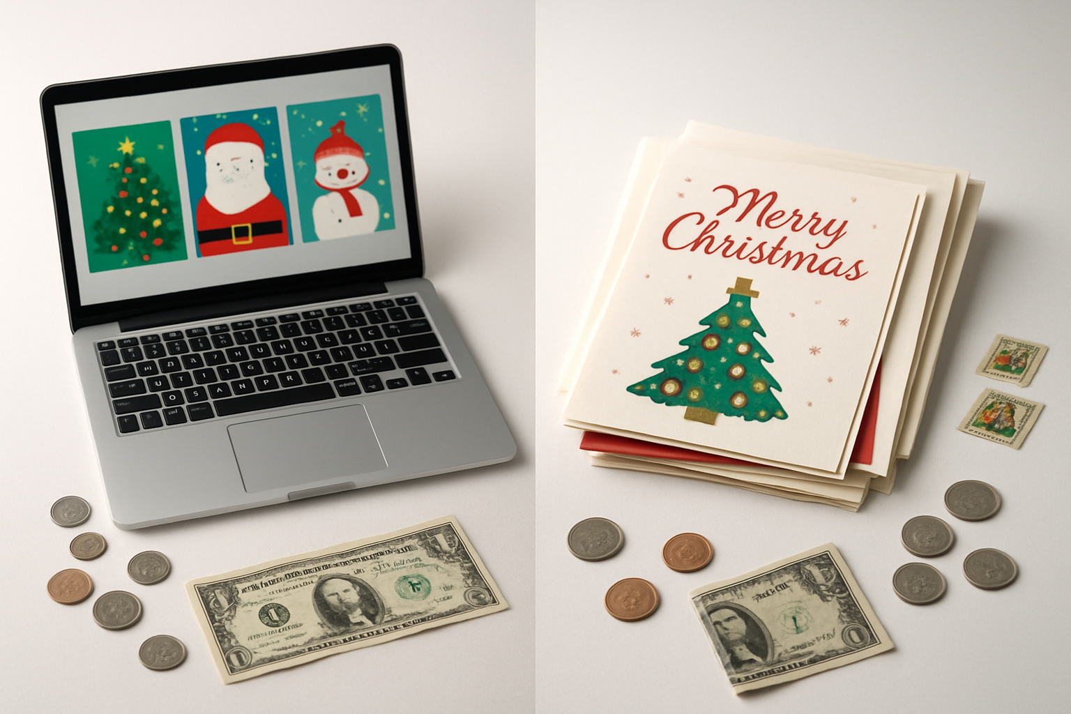 Create a realistic image of a split-screen composition showing cost comparison between digital and paper Christmas cards, featuring a laptop displaying colorful digital Christmas card designs on the left side and a stack of printed paper Christmas cards with envelopes and postage stamps on the right side, with scattered coins and dollar bills around both options, set on a clean white desk surface with soft natural lighting from above, creating a professional analytical mood for budget comparison. Absolutely NO text should be in the scene.