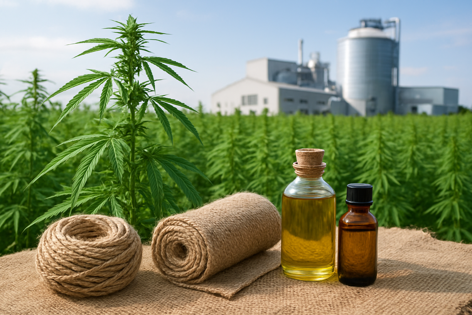 Create a realistic image of modern hemp plants growing in a bright green field with industrial hemp processing facilities visible in the background, showing various hemp products like rope, textiles, and oil bottles arranged in the foreground, under natural daylight with a clean, contemporary atmosphere that emphasizes sustainability and modern agricultural innovation. Absolutely NO text should be in the scene.