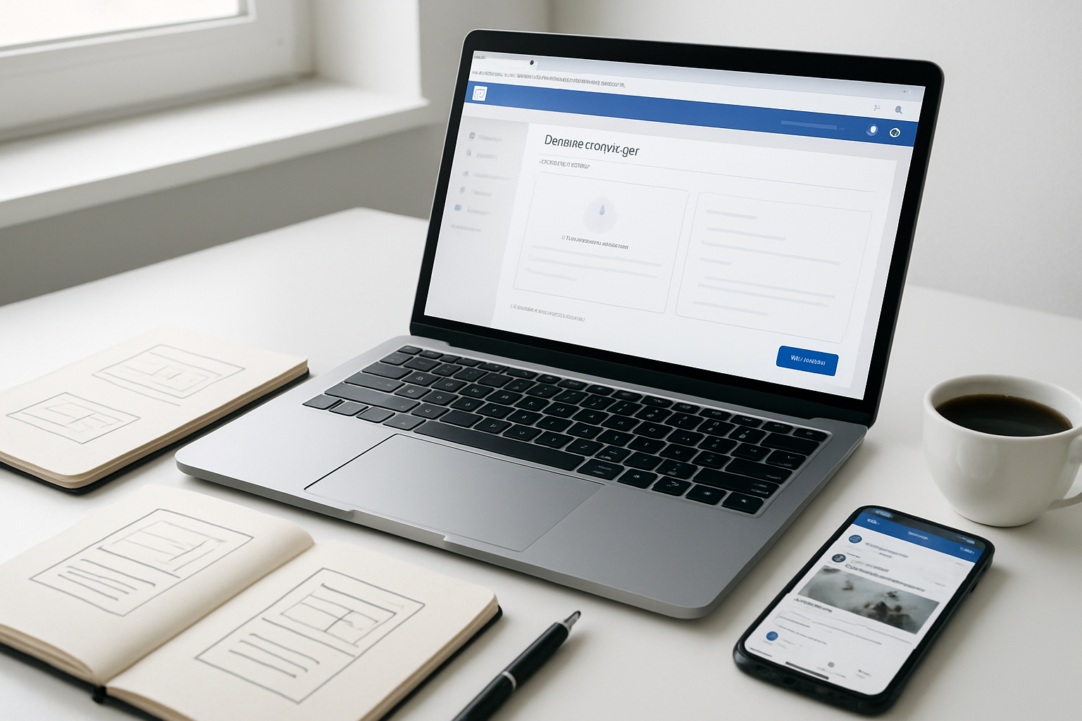 Create a realistic image of a modern office desk setup showing a laptop computer displaying Facebook's advertising interface with campaign creation screens visible, surrounded by marketing materials like notebooks with sketched ad layouts, a smartphone showing Facebook mobile interface, a coffee cup, and a pen, set against a clean white desk surface with soft natural lighting from a nearby window, creating a professional and focused work environment. Absolutely NO text should be in the scene.