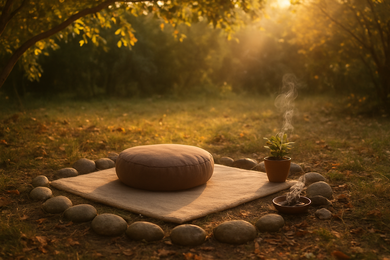 Create a realistic image of a serene outdoor meditation space that seamlessly blends with indoor elements, featuring a comfortable cushion or mat placed on natural ground with soft grass and fallen leaves, surrounded by a circle of smooth stones, with gentle sunlight filtering through tree branches above, a small potted plant and burning sage bundle nearby, creating a peaceful atmosphere that bridges the gap between natural and cultivated sacred spaces, shot during golden hour with warm, soft lighting that evokes feelings of groundedness and spiritual connection, absolutely NO text should be in the scene.