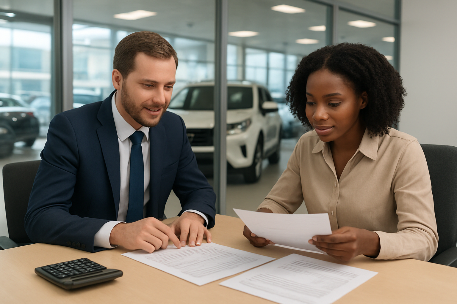 Create a realistic image of a modern car dealership finance office with a clean desk displaying a calculator, financing documents, and loan paperwork spread out neatly, with a white male financial advisor in business attire sitting across from a black female customer who is reviewing the documents, bright office lighting illuminating the professional space with a Toyota dealership backdrop visible through glass windows, conveying a helpful and trustworthy atmosphere for car financing discussions, absolutely NO text should be in the scene.