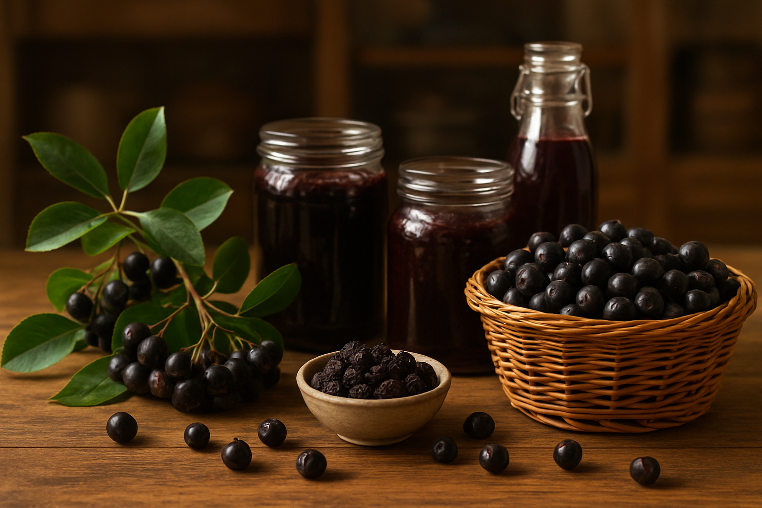 Create a realistic image of a wooden kitchen counter or rustic table displaying the complete purple chokeberry journey: fresh purple chokeberries still on branches with dark green leaves, a wicker basket filled with harvested deep purple berries, glass jars containing purple chokeberry preserves and processed products, a small bowl of dried purple chokeberries, and a few scattered individual berries, all arranged in natural daylight with soft shadows, warm lighting creating an inviting harvest atmosphere, with a blurred kitchen or pantry background suggesting successful home cultivation and processing, absolutely NO text should be in the scene.