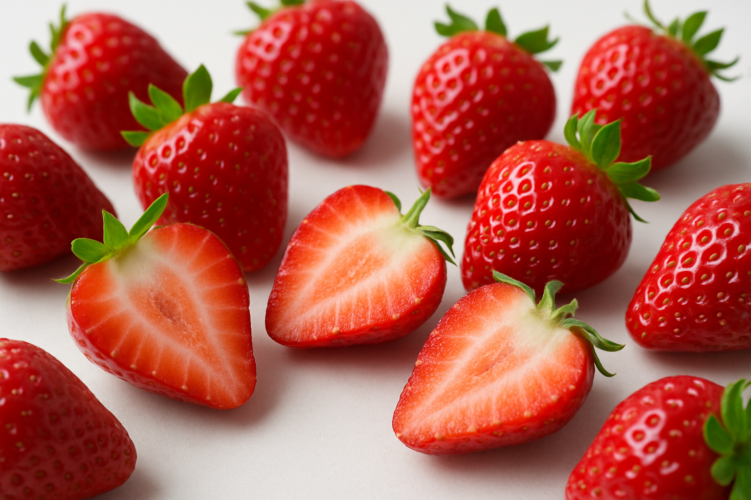 Create a realistic image of fresh, ripe strawberries in their natural form showing cross-sections and whole berries to illustrate their basic structure, featuring bright red strawberries with green leafy tops, some cut in half to reveal the white flesh and tiny seeds inside, arranged on a clean white surface with natural daylight illumination, close-up detailed view that highlights the texture, color variations, and botanical characteristics of the fruit, soft natural lighting that enhances the vibrant colors and surface details, absolutely NO text should be in the scene.