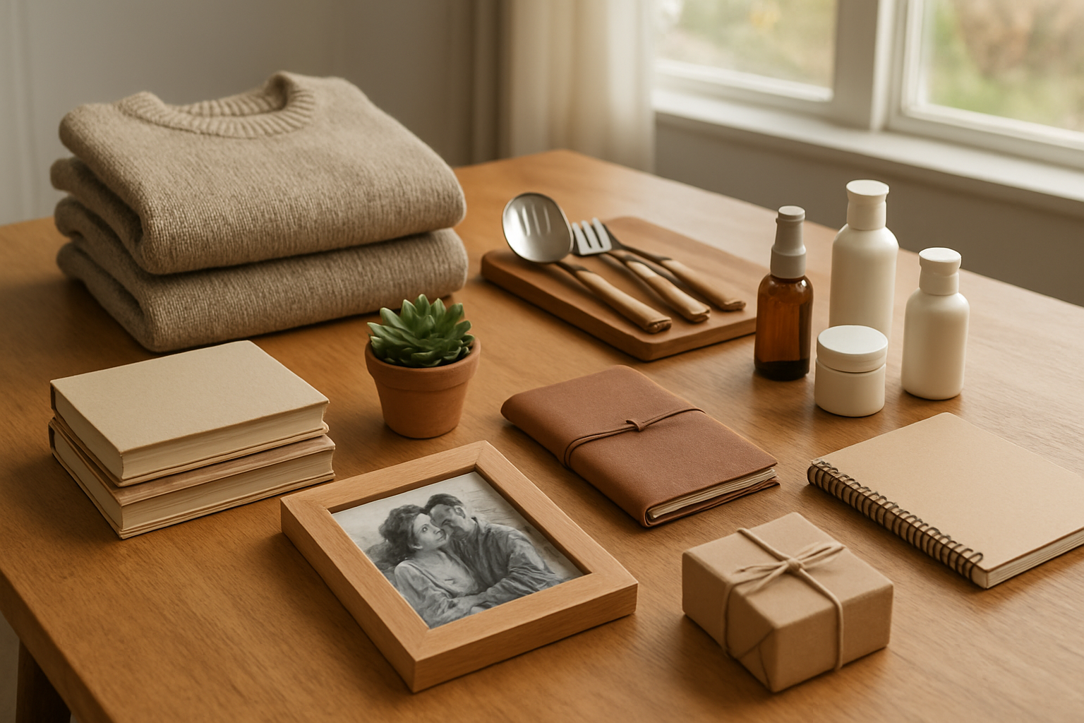 Create a realistic image of various thoughtfully organized gift categories displayed on a wooden table, including practical items like cozy sweaters, quality kitchen utensils, books, skincare products, and meaningful gifts such as photo frames, handwritten journals, and small potted plants, all arranged in neat groupings with warm natural lighting from a nearby window, creating a cozy and organized shopping planning atmosphere, absolutely NO text should be in the scene.