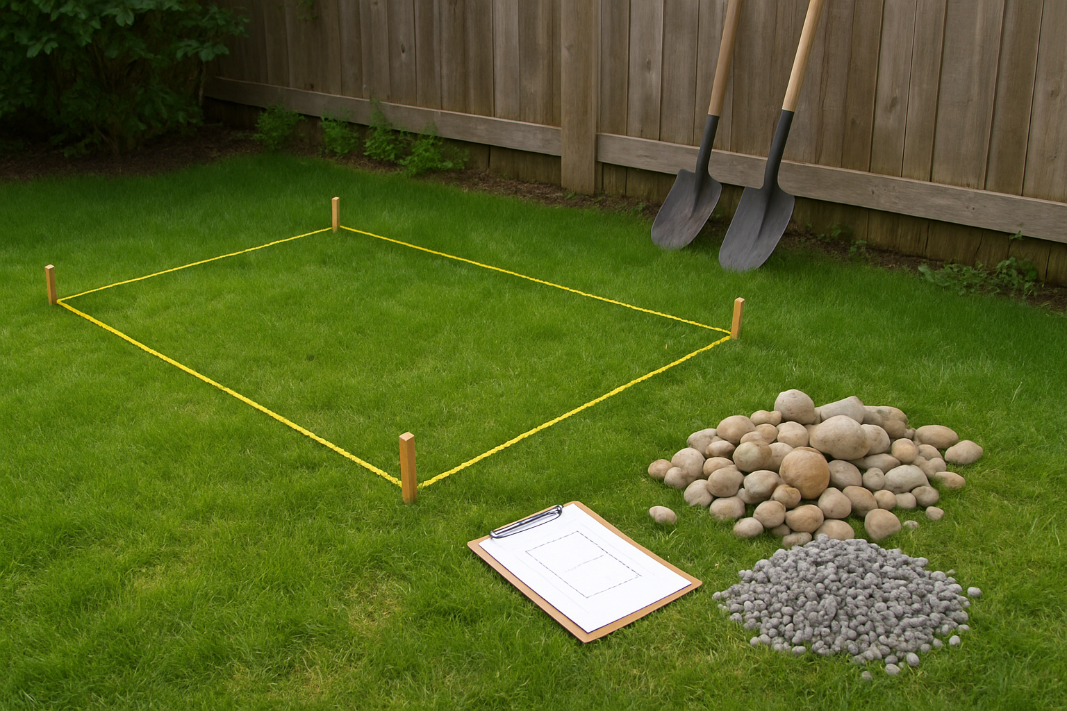 Create a realistic image of a backyard scene showing the planning phase of a 5x8 rectangular dog potty area marked out on grass with measuring tape and wooden stakes at the corners, scattered river rocks and gravel nearby ready for installation, a clipboard with construction plans, a shovel and rake leaning against a fence, residential backyard setting with green lawn surrounding the marked area, natural daylight lighting, organized and purposeful construction preparation atmosphere, absolutely NO text should be in the scene.