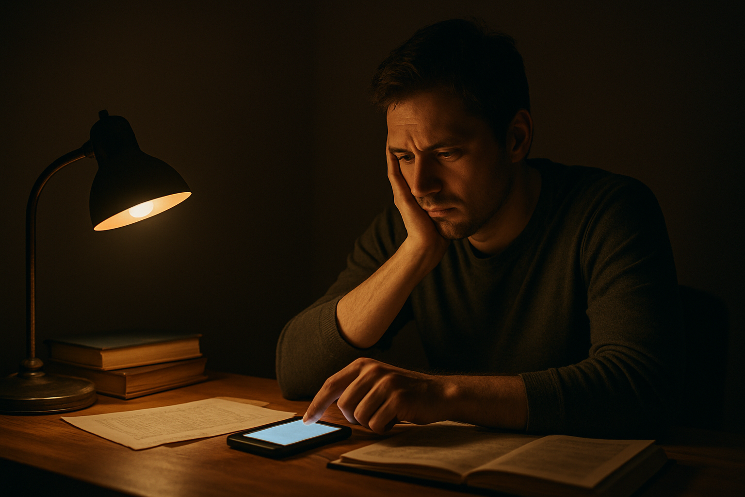 Create a realistic image of a white male sitting alone at a desk in a dimly lit room, staring pensively at his smartphone screen with his finger hovering over it hesitantly, surrounded by soft shadows and warm ambient lighting from a single desk lamp, with psychology books and papers scattered on the desk, creating a contemplative and introspective mood that conveys the internal conflict and mental processes behind avoiding communication, absolutely NO text should be in the scene.