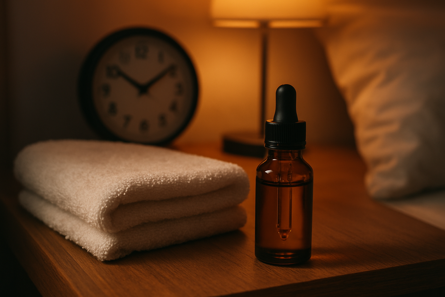 Create a realistic image of a bedside nightstand scene showing a small amber glass bottle of hair oil with a dropper cap placed next to a neatly folded soft white towel, with a clock showing nighttime hours in the background, warm dim bedroom lighting creating a peaceful evening atmosphere, and a pillow partially visible suggesting bedtime hair treatment routine, shot from a close-up angle that emphasizes the overnight treatment concept through the cozy nighttime setting, absolutely NO text should be in the scene.