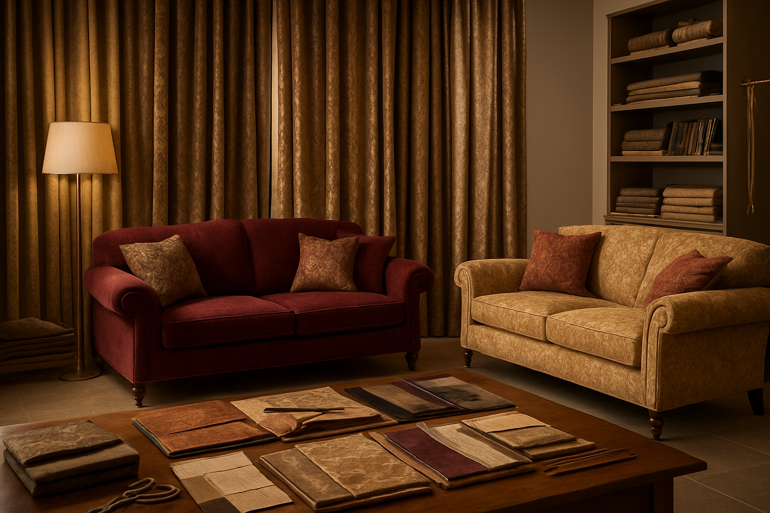 Create a realistic image of an elegant interior design workshop or showroom displaying custom-tailored furniture and curtains, featuring luxurious sofas with rich fabric upholstery in deep burgundy and gold tones, floor-to-ceiling custom curtains with intricate patterns and premium textures, fabric samples and design materials spread on a wooden table, measuring tools and tailoring equipment subtly placed around the scene, warm ambient lighting highlighting the quality craftsmanship and attention to detail, sophisticated interior with neutral walls and polished floors creating an atmosphere of timeless elegance and professional expertise, absolutely NO text should be in the scene.