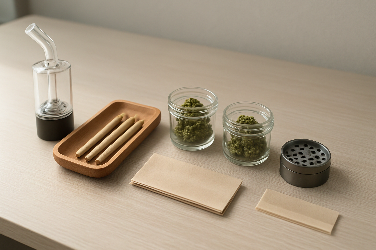 Create a realistic image of a clean, modern tabletop scene showing a step-by-step cannabis consumption setup with various consumption methods including a glass vaporizer, pre-rolled joints in a wooden tray, cannabis flower buds in small glass jars, a grinder, and rolling papers neatly arranged in sequence from left to right, soft natural lighting from a window creating gentle shadows, minimalist background with neutral colors, educational and professional atmosphere, shot from above at a slight angle, absolutely NO text should be in the scene.
