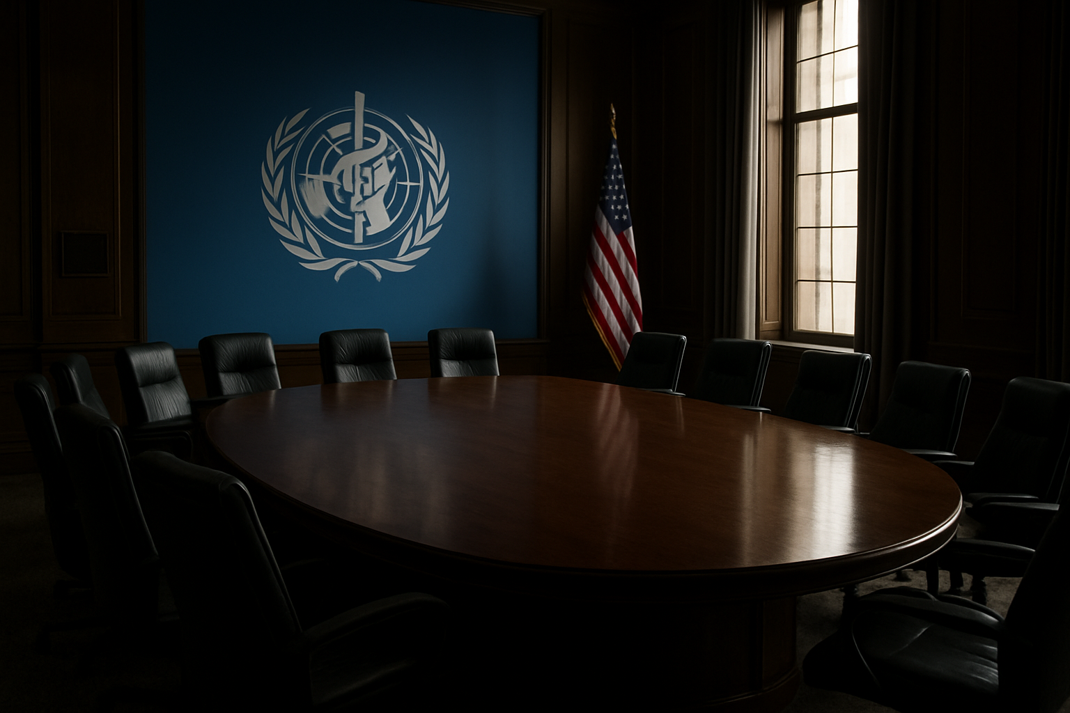 Create a realistic image of a modern diplomatic meeting room with a large oval conference table, featuring the WHO logo prominently displayed on a blue backdrop on one side and the American flag on the other side, with empty chairs suggesting tension or absence, dramatic lighting casting shadows across polished surfaces, formal government building interior with tall windows, professional atmosphere conveying diplomatic strain and international relations complexity, absolutely NO text should be in the scene.
