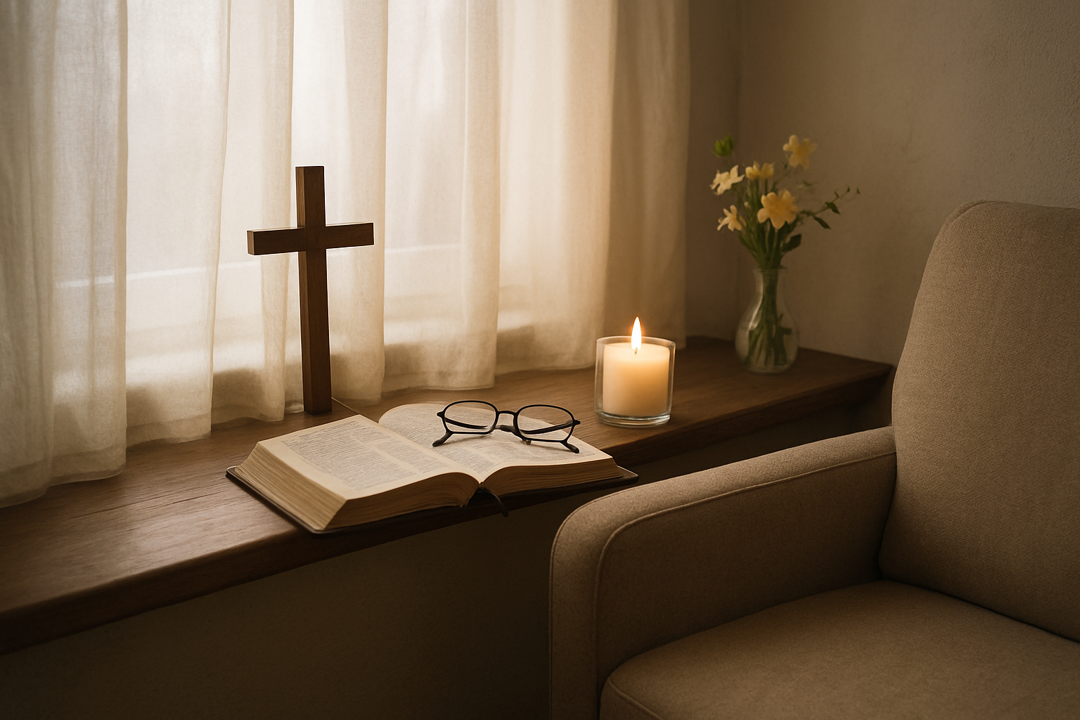 Create a realistic image of a peaceful indoor prayer corner in a temporary living space with a small wooden cross on a windowsill, an open Bible with reading glasses beside it, a lit white candle in a glass holder, and soft natural light streaming through sheer curtains creating a serene atmosphere for spiritual reflection, with a comfortable chair positioned nearby and a small vase with fresh spring flowers, absolutely NO text should be in the scene.