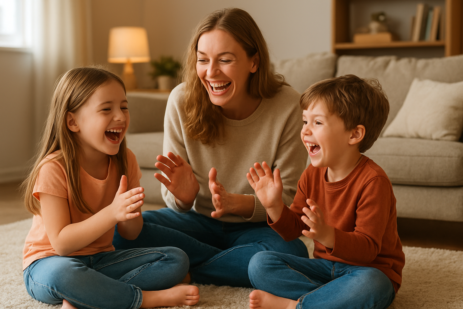 Create a realistic image of a white mother and her two young children sitting together on a living room floor, laughing and fully engaged in a fun, energetic activity, with bright and warm indoor lighting creating a joyful and lively atmosphere, the background showing a cozy home setting with soft furnishings, the scene capturing genuine connection, happiness, and the positive energy shared between parent and children during a playful moment together. Absolutely NO text should be in the scene.