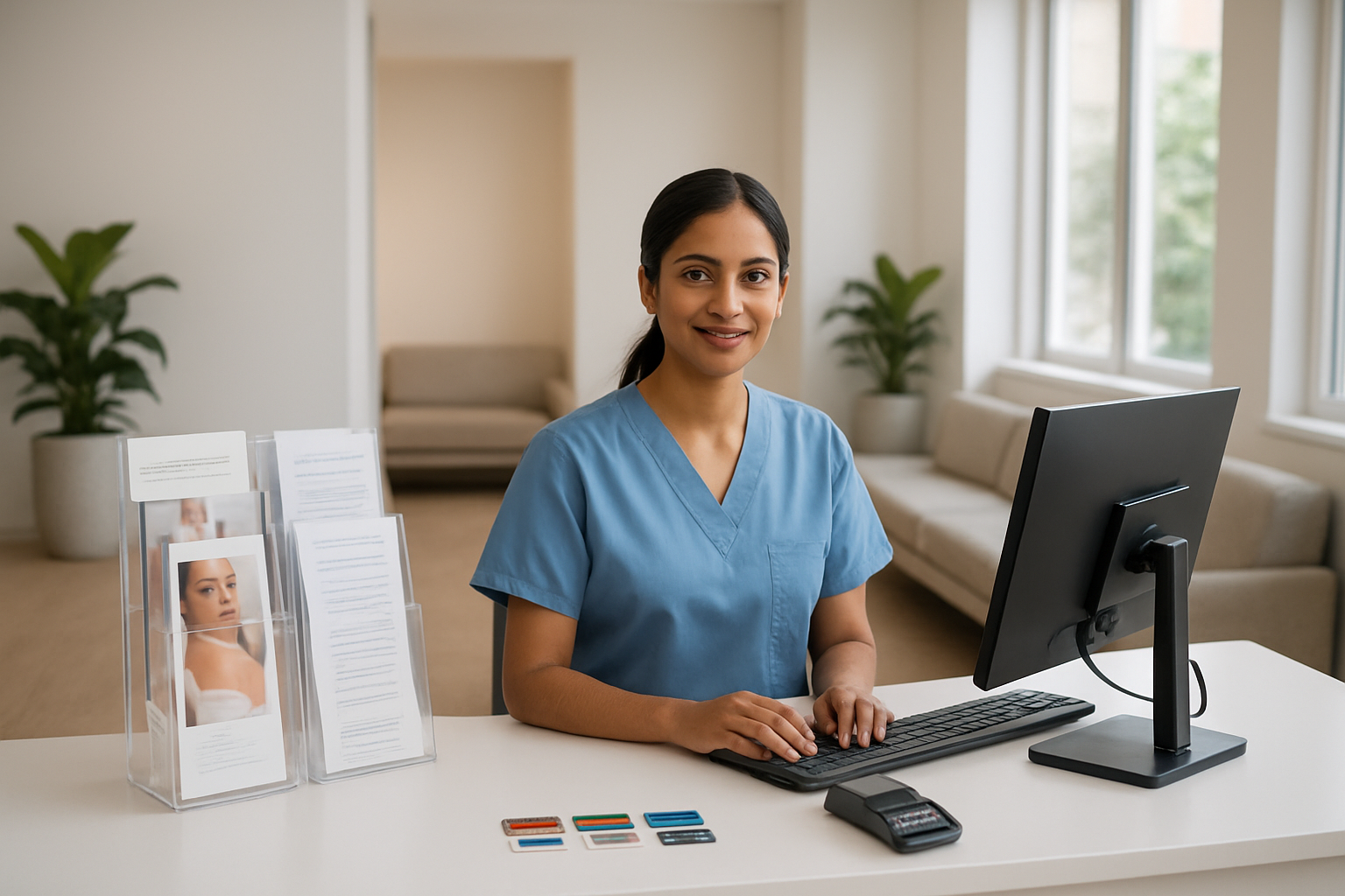 Create a realistic image of a modern skin clinic reception desk with organized treatment brochures and price lists displayed in clear acrylic holders, a professional South Asian female receptionist in medical scrubs sitting behind a clean white desk with a computer and payment terminal, multiple payment method icons visible on the desk surface including credit card symbols, a welcoming and professional atmosphere with soft natural lighting from large windows, potted plants adding warmth to the clinical environment, and comfortable seating area in the background, absolutely NO text should be in the scene.