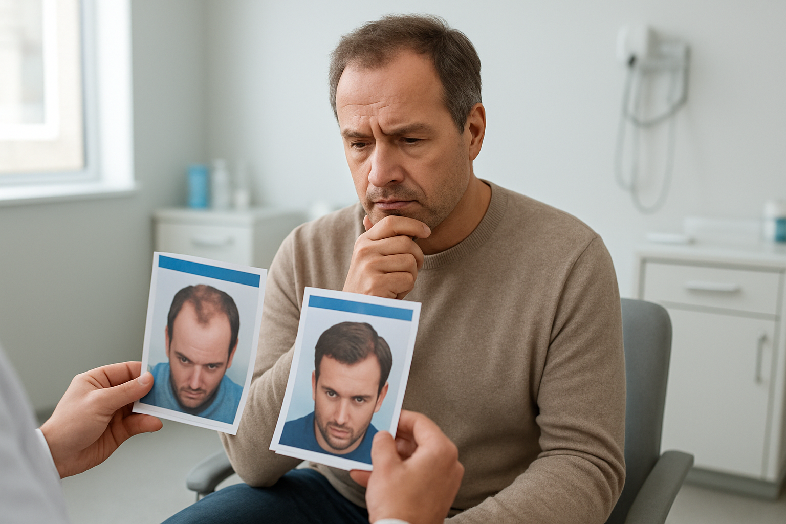 Create a realistic image of a middle-aged white male sitting in a modern medical consultation room, thoughtfully examining two informational brochures about hair loss treatments while a medical professional's hands are visible holding additional treatment options, with a clean clinical background featuring medical equipment and natural lighting from a window, conveying a decision-making atmosphere where the patient is carefully weighing different hair restoration options, absolutely NO text should be in the scene.