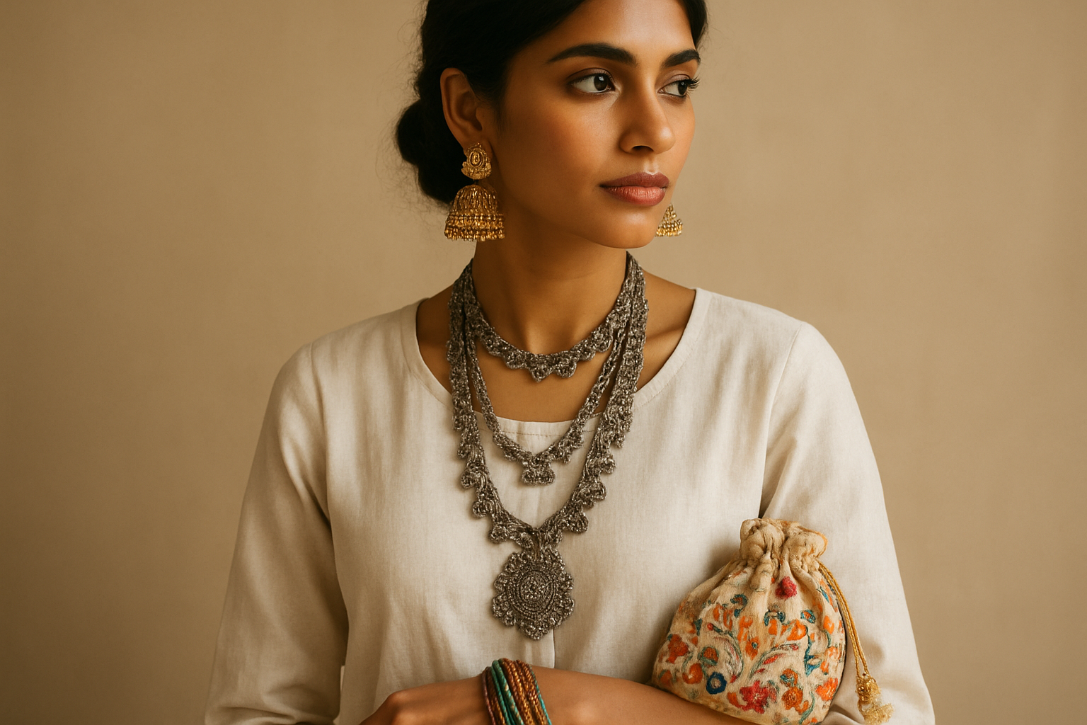 Create a realistic image of an elegant South Asian female model wearing a simple white cotton kurta, dramatically transformed with bold statement accessories including oversized golden jhumka earrings, layered oxidized silver necklaces, colorful beaded bangles, and an embroidered potli bag, shot against a soft neutral background with warm natural lighting that highlights the intricate details of each accessory, showcasing how minimal clothing becomes festive with the right jewelry and accessories, absolutely NO text should be in the scene.