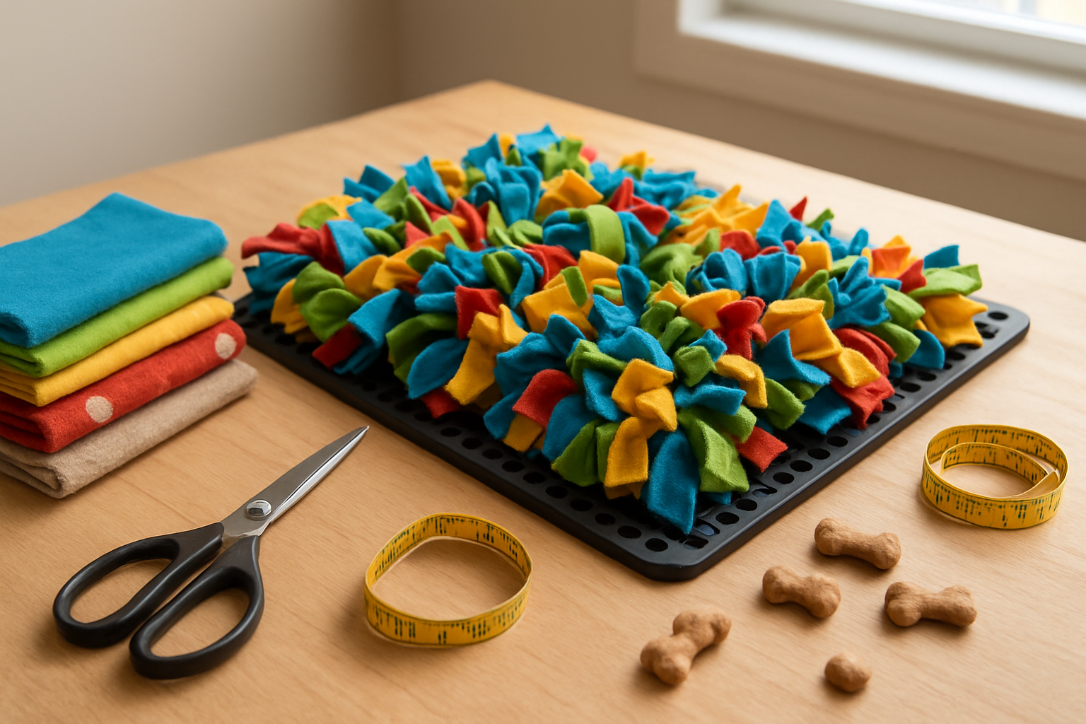 Create a realistic image of a colorful DIY snuffle mat with multiple fabric strips in various bright colors like blue, green, yellow, and red tied through a rubber drainage mat, alongside customization materials including fabric scissors, measuring tape, additional fleece fabric pieces in different textures and patterns, and a few dog treats scattered nearby on a clean wooden craft table surface with soft natural lighting from a window, showing the process of personalizing and optimizing the snuffle mat design, with a calm and organized crafting atmosphere, absolutely NO text should be in the scene.