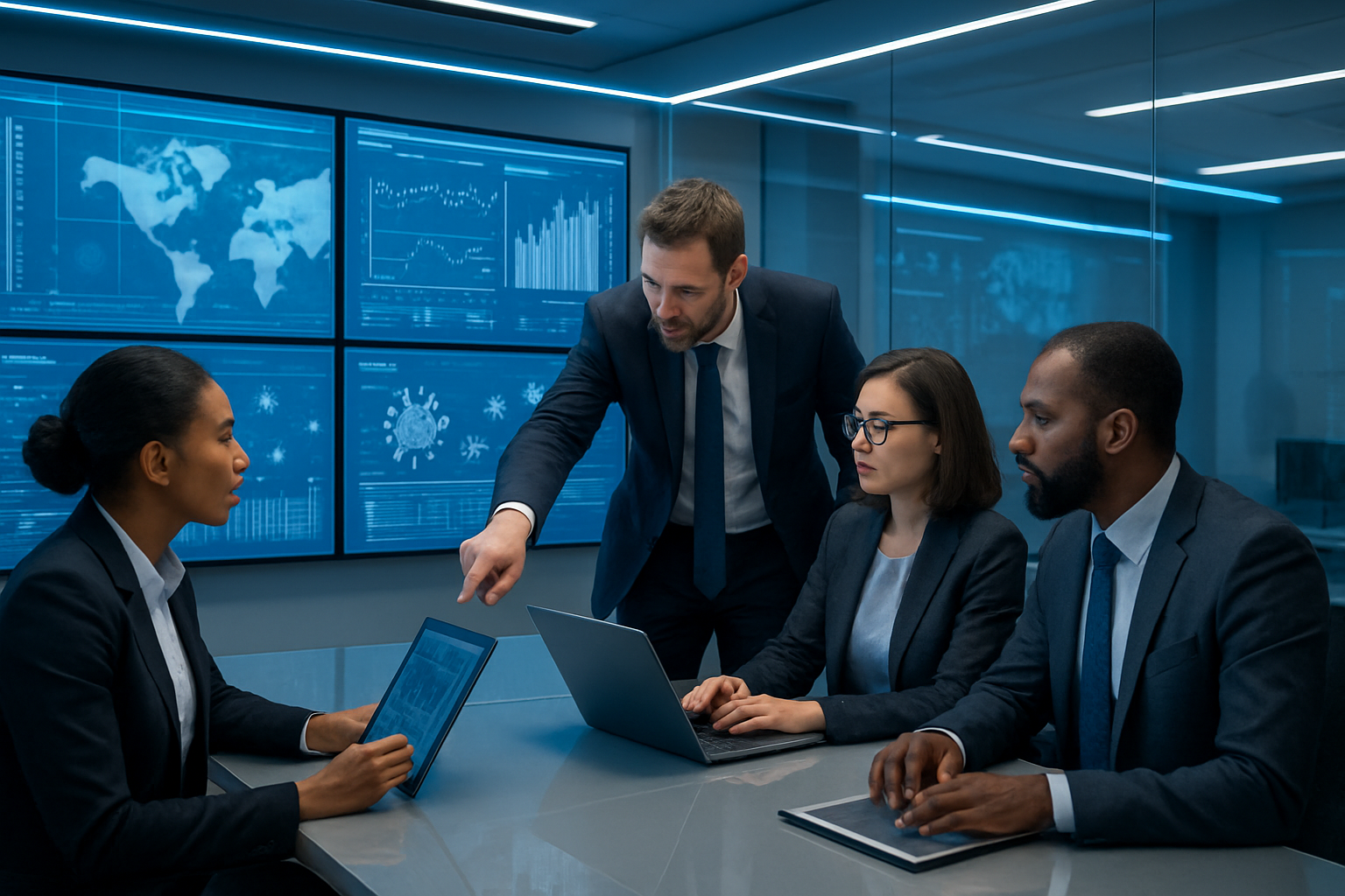 Create a realistic image of a modern command center or crisis management room with multiple large digital screens displaying real-time health data, pandemic statistics, and AI analytics dashboards, featuring a diverse group of professionals including white male and black female decision-makers in business attire gathered around a conference table with laptops and tablets, pointing at visualized data trends and epidemic models, with a clean high-tech environment featuring blue and white LED lighting, glass surfaces, and a serious yet focused atmosphere conveying strategic planning during a health emergency, absolutely NO text should be in the scene.