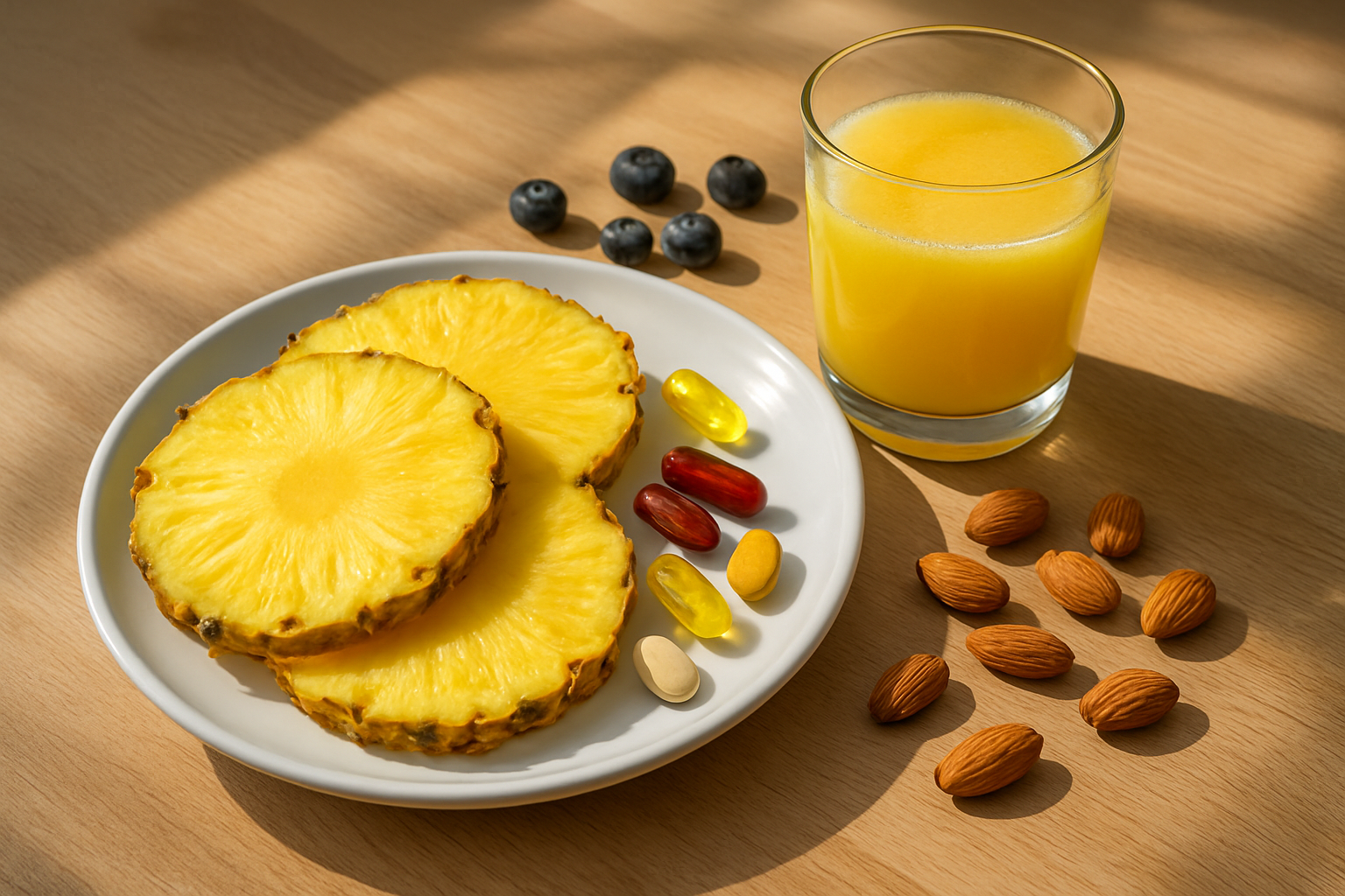Create a realistic image of fresh pineapple slices arranged on a white ceramic plate alongside colorful vitamin supplement capsules, with a glass of fresh pineapple juice, scattered almonds and blueberries representing additional nutrients, all positioned on a clean wooden table with natural sunlight streaming from the side creating soft shadows, emphasizing the vibrant yellow color of the pineapple and the healthy, nutritious theme, absolutely NO text should be in the scene.
