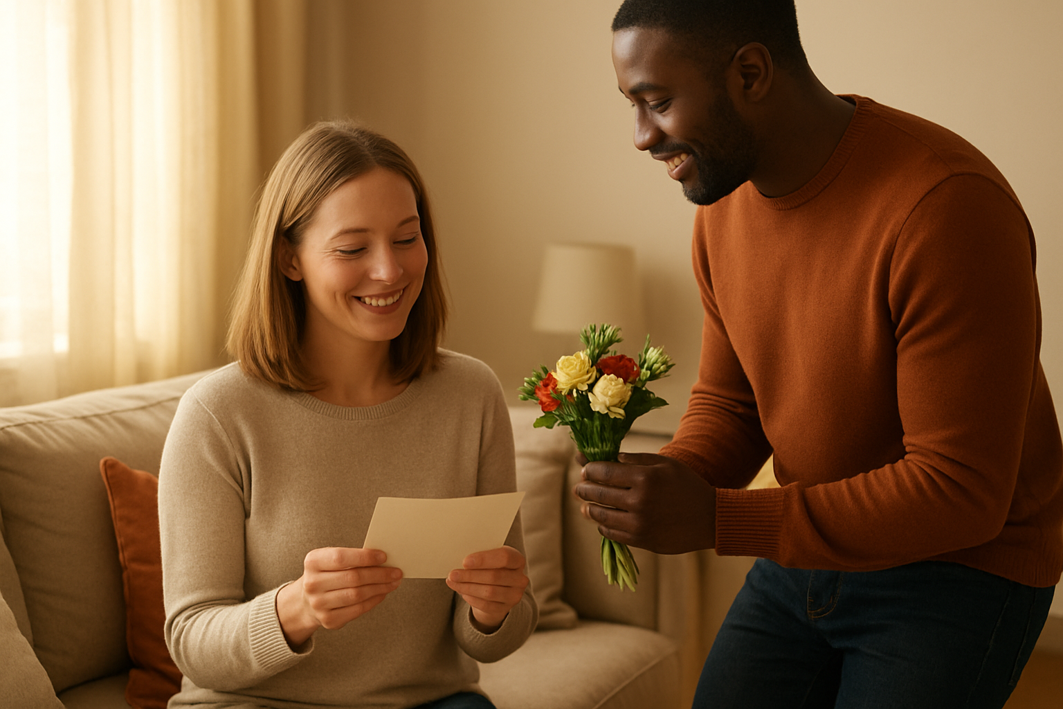 Create a realistic image of a white female sitting on a cozy living room couch holding a handwritten thank you note with a gentle smile on her face, while a black male partner stands nearby presenting her with a small bouquet of fresh flowers, warm natural lighting streaming through a window creates a soft golden atmosphere, comfortable home setting with soft pillows and warm colors in the background, both people appearing happy and connected in this moment of appreciation, absolutely NO text should be in the scene.