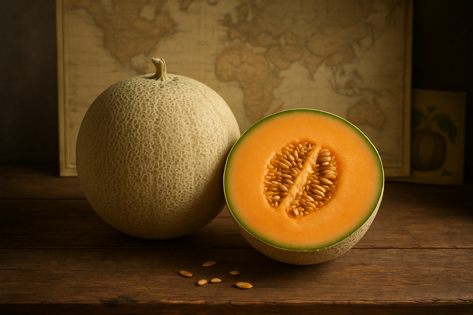 Create a realistic image of a whole cantaloupe melon and a cross-section cut in half displaying the orange flesh and seed cavity, placed on a rustic wooden table with a world map or vintage atlas partially visible in the background, soft natural lighting from a window creating gentle shadows, with some cantaloupe seeds scattered nearby and perhaps a small botanical illustration or vintage fruit chart visible at the edge of the frame, warm earthy tones throughout the scene, absolutely NO text should be in the scene.